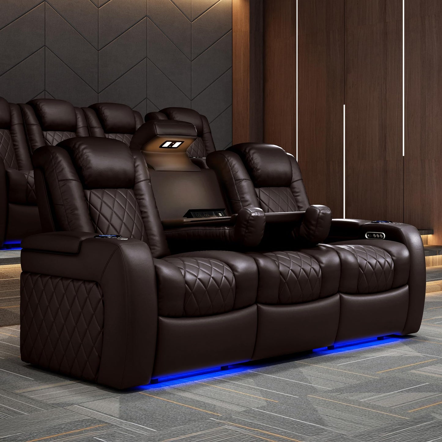 Valencia Home Theater Seating Tuscany 2025 3-Seat Power Recliner with Center Console - Top Grain Nappa 11000 Leather, Cool Gel Memory Foam, USB-C/A Charging, RGB Lights (Dark Chocolate)