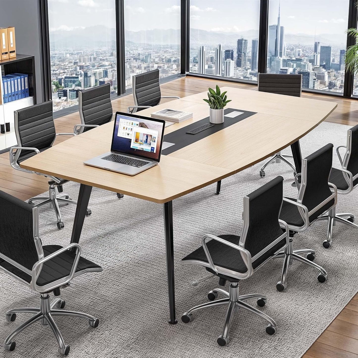 YITAHOME 6FT Conference Table with Power Outlets, 70.8 Inches Boat Shaped Meeting Table with Rectangle Grommet, Modern Seminar Table for Office Conference Room, Boardroom Desk, Light Wood Grain