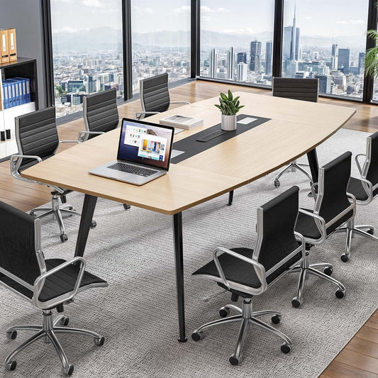 YITAHOME 6FT Conference Table with Power Outlets, 70.8 Inches Boat Shaped Meeting Table with Rectangle Grommet, Modern Seminar Table for Office Conference Room, Boardroom Desk, Light Wood Grain
