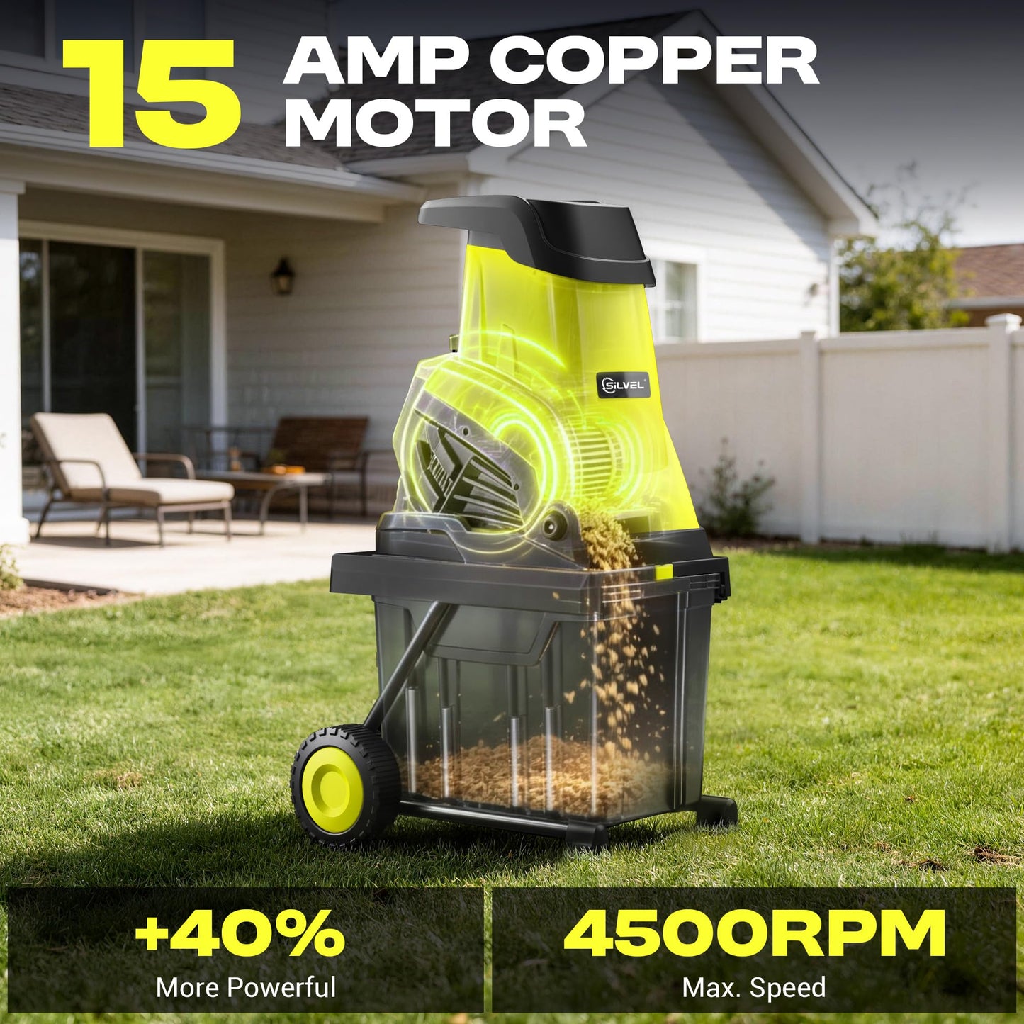 SILVEL Wood Chipper Shredder, 1800W Cutting Diameter of 1.77 inch with 10 Gallon Large Collection Bin, 15-Amp Electric Wood Chipper Shredder for Fast Cleanup, Ideal for Branches, Garden Cleaning,Green