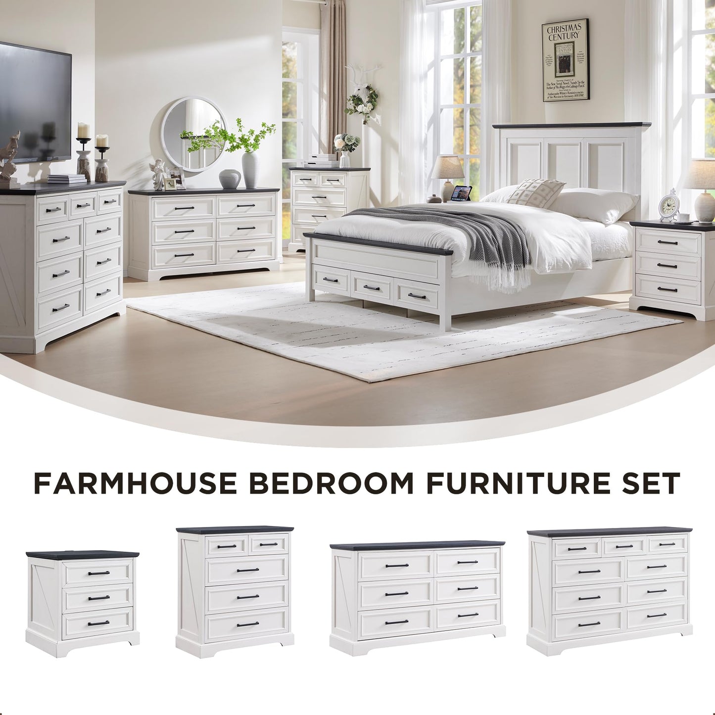 ACCOHOHO Farmhouse 6 Drawer Dresser for Bedroom, 52 Inch Wide Modern Dresser TV Stand with Large Drawers & Bar Handles, Rustic Wood Chest of Drawers for Bedroom, Living Room, Hallway, Off White