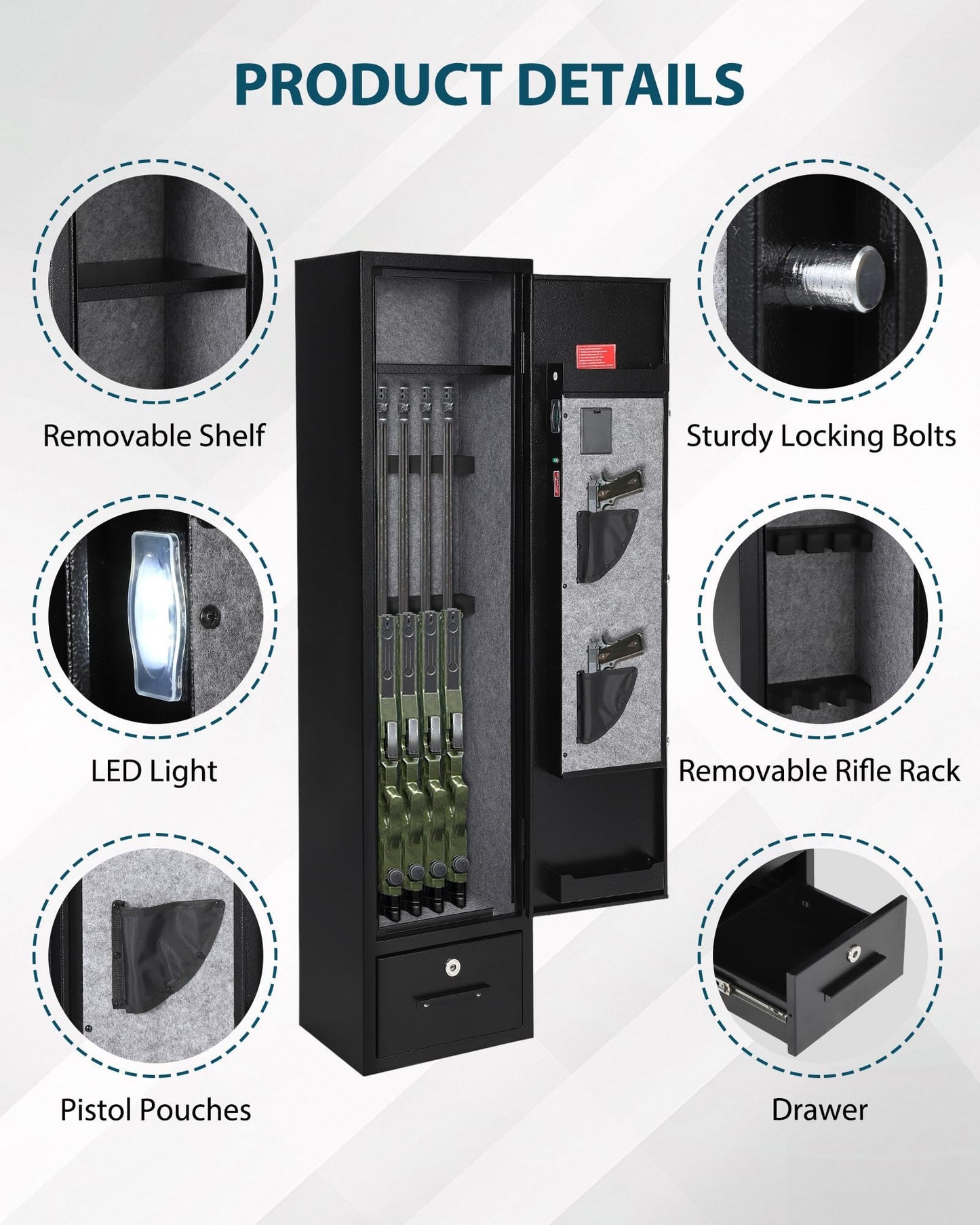 EliteEdge 6-8 Gun Safes, Gun Cabinet for Rifles and Pistols, Quick Access Rifle Safe with Drawer & Removable Shelf, Multifunction Lock, Pistol Pockets for Home Office