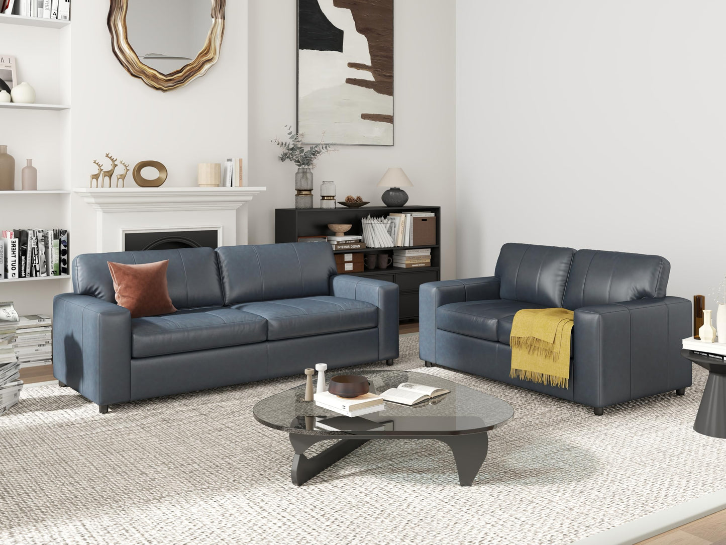 Roundhill Furniture Sakan Leather Upholstered 2-Piece Living Room Set, Sofa and Loveseat, Blue