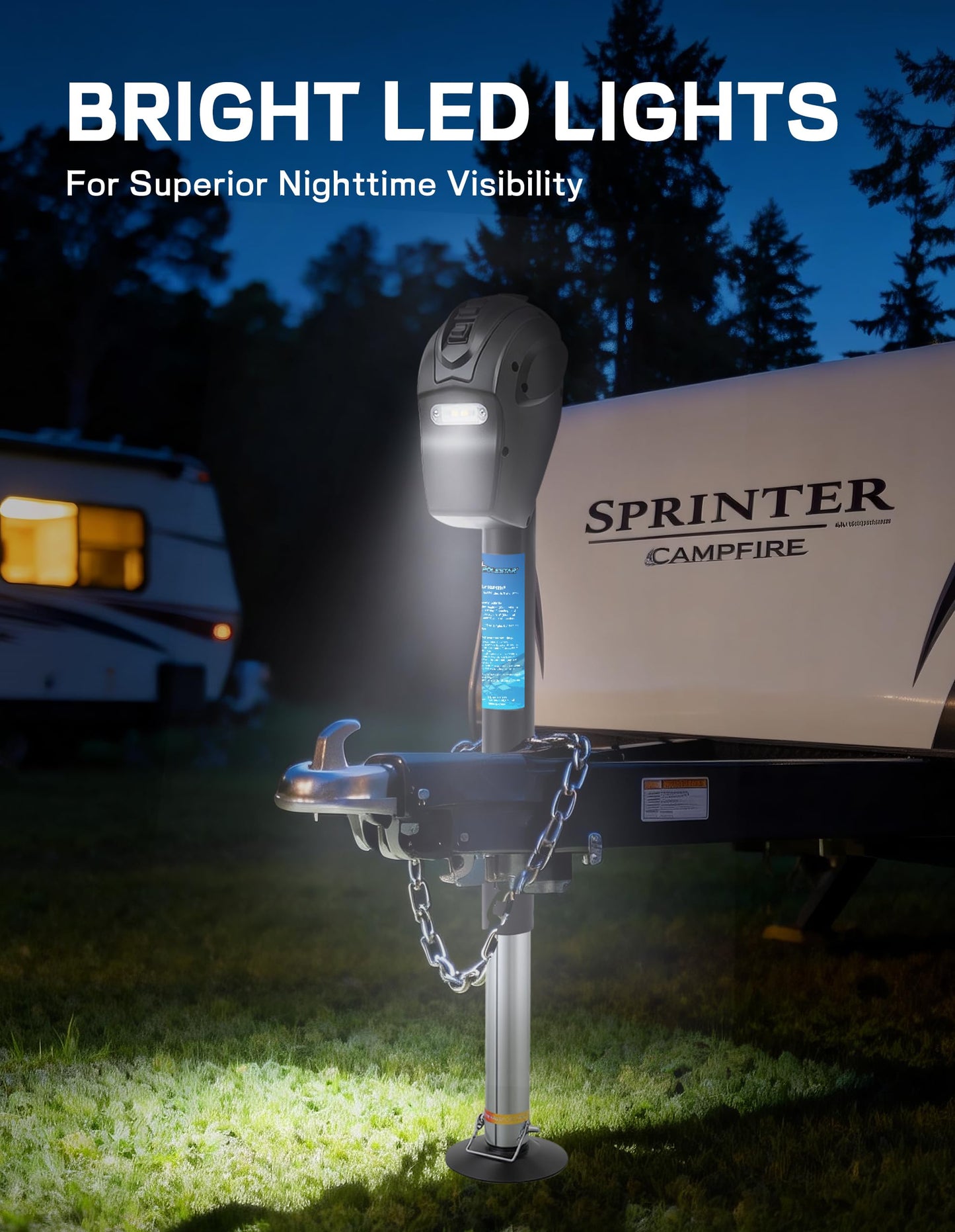 POLESTAR Electric Trailer Jack, 5000lbs Electric Power A-Frame Tongue Jack with Waterproof Protective Cover & LED Light for Travel Trailer Camper, RV, 12V DC with Hard Wiring, 9"-27" Lift