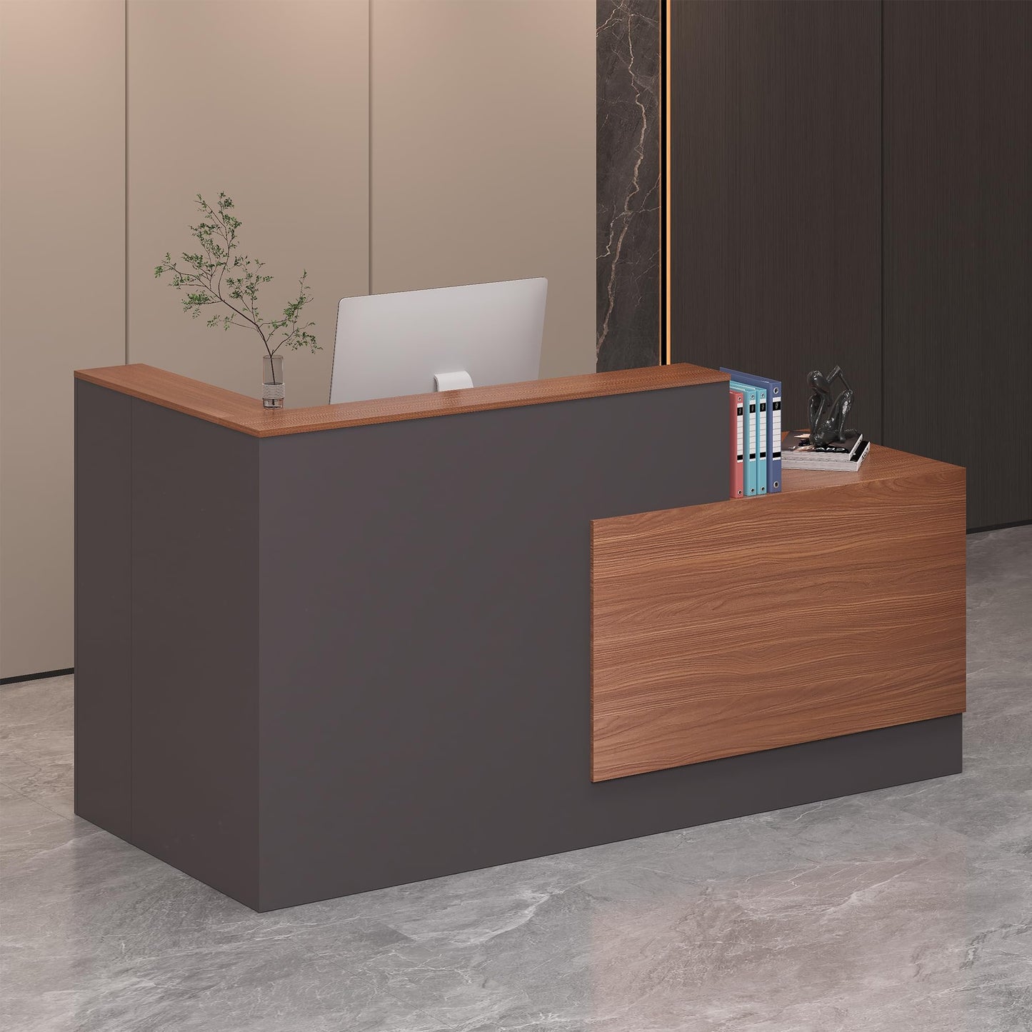 Zethvax L-Shaped Reception Desk,Large Front Desk with Keyboard Tray, Lockable Drawers & File Cabinet, Receptionist Desk for Checkout,Lobby (Left L-Walnut/Slate Gray, 71''L x 23.6''W x 41.3''H)
