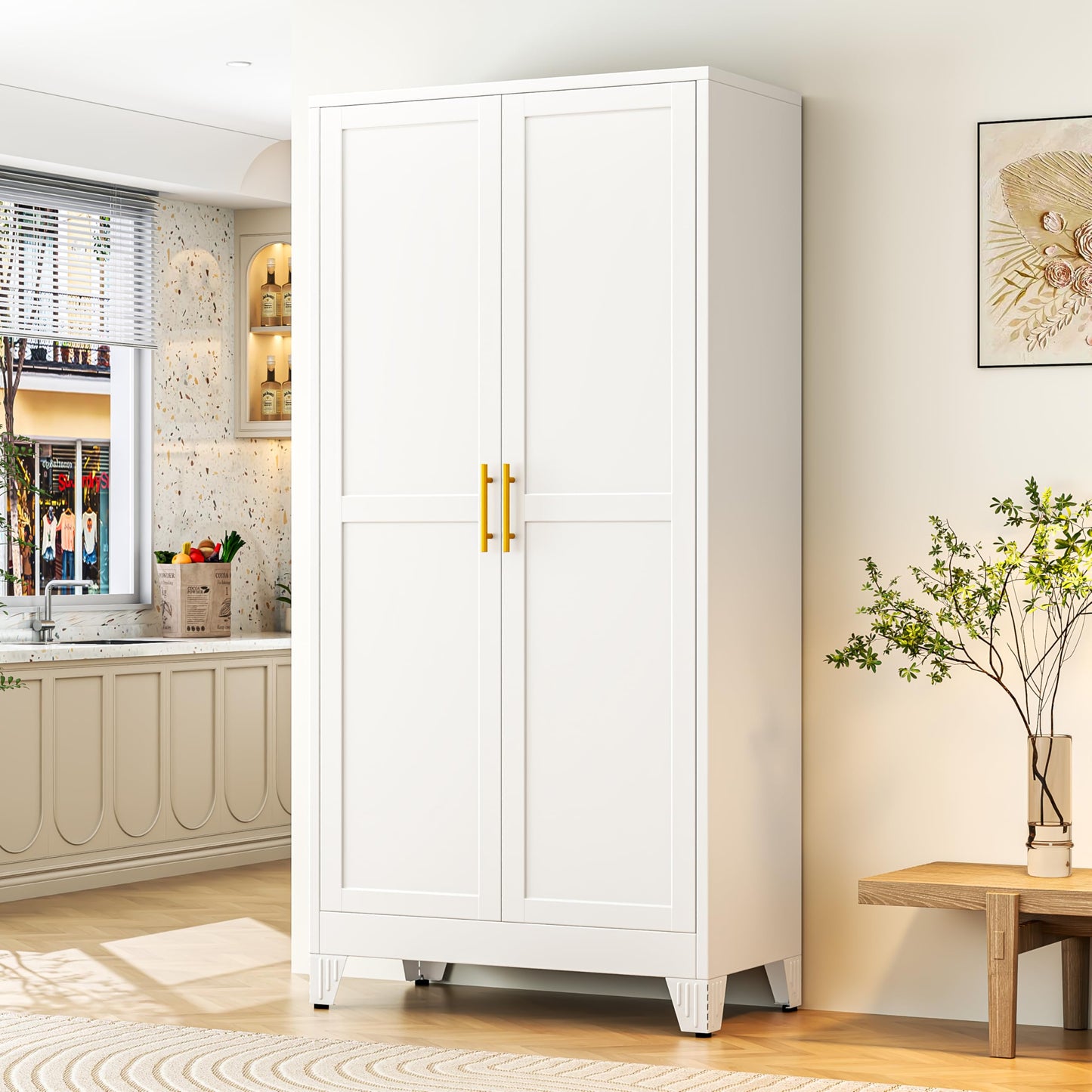 GAIOUS 75.2" Tall Metal Storage Cabinet with 2 Doors and 5 Adjustable Shelves, New upgrade Kitchen Pantry Cabinet, White Freestanding Cupboard, 6 Tier Steel Storage for Office, Kitchen, Dining, Garage