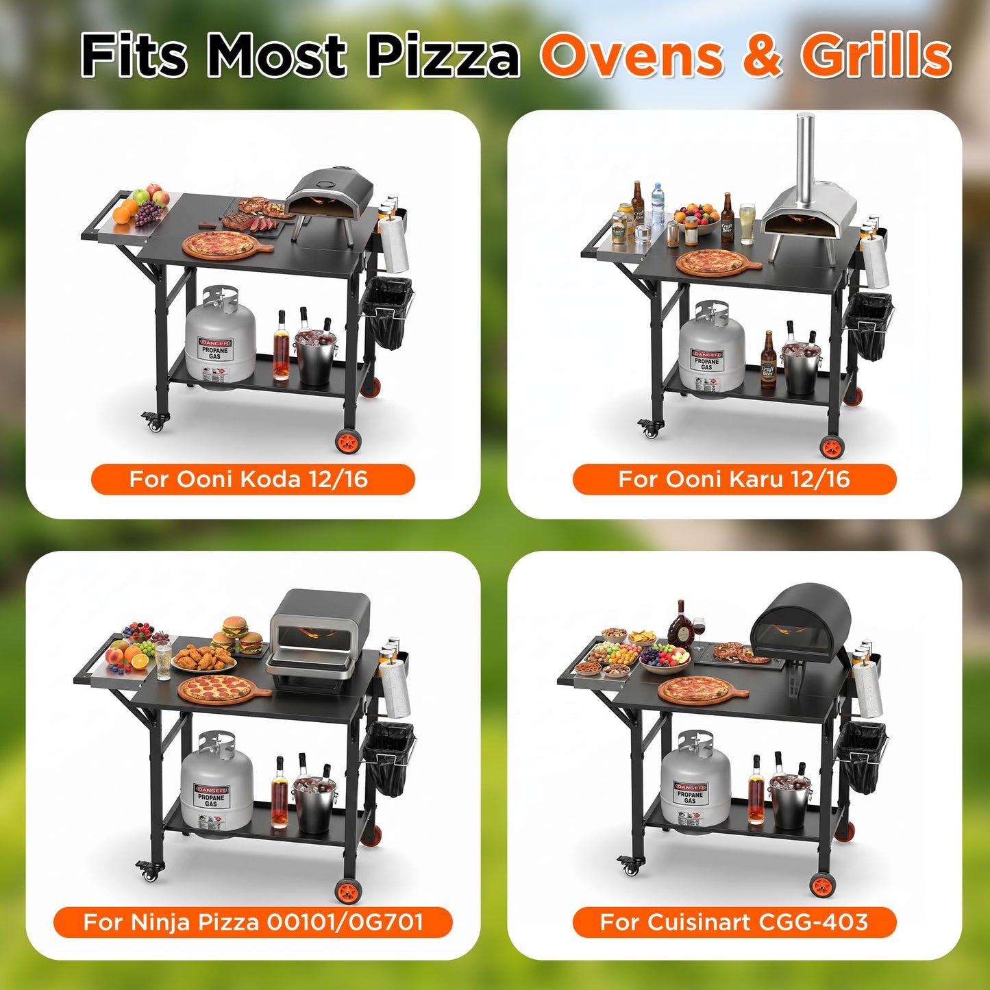 DeintYei Pizza Oven Table for Ooni Pizza Ovens, Grill Cart Table with Topping Station, Large Countertop Pizza Oven Stand, Foldable Outdoor Cooking Stand with Propane Storage