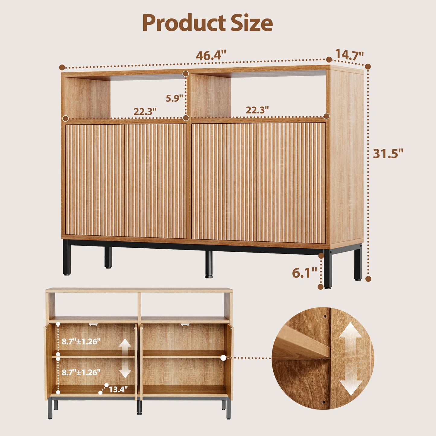 Mericonia Farmhouse Buffet Sideboard Cabinet with Storage, Fluted Coffee Bar with Doors and Adjustable Shelves, Modern Wood Console Cabinet for Kitchen, Livingroom (Fluted 4 Door, Natural)