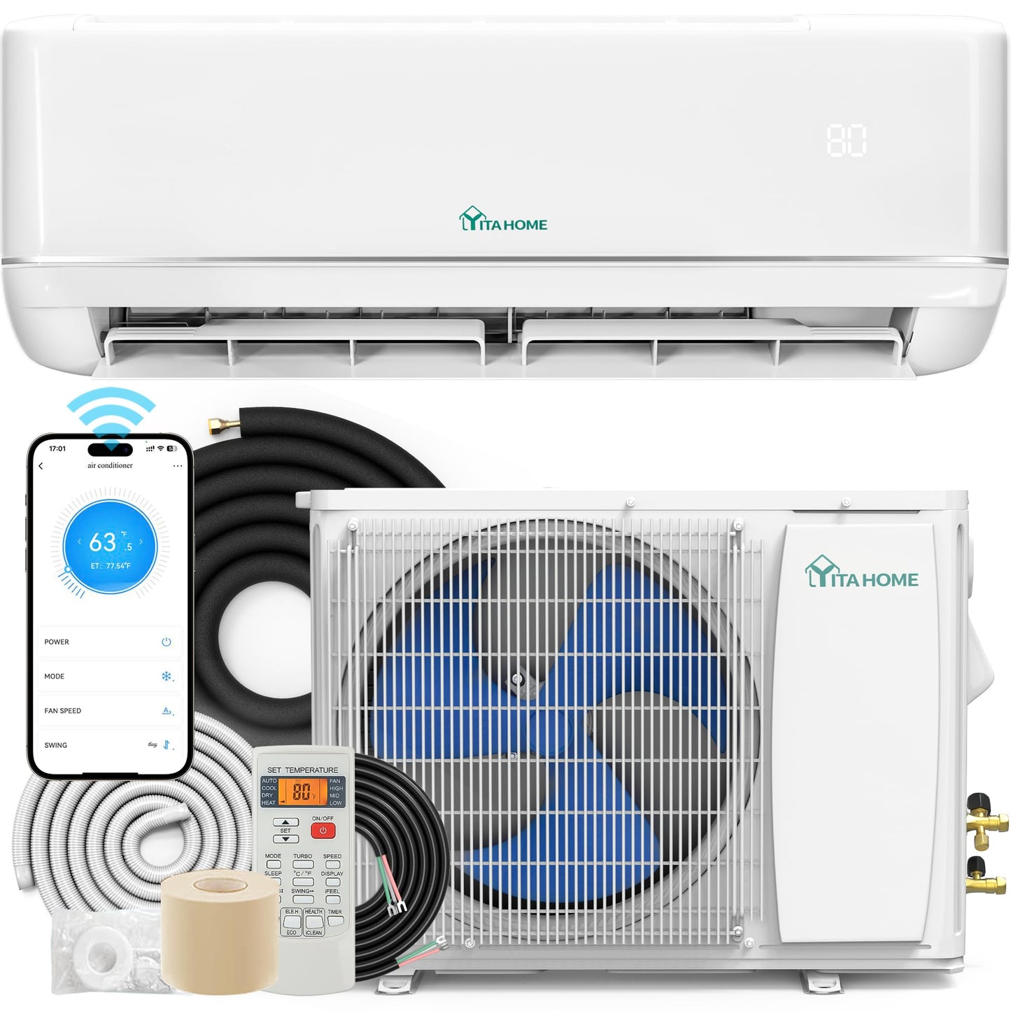 YITAHOME 18000 BTU Mini Split AC/Heating System, WiFi Enabled 21 SEER2 208-230V Inverter Pre-charged AC Compatible with Alexa, Cool Up to 1250 Sq. Ft, Complete Installation Kit, 1.5 Ton