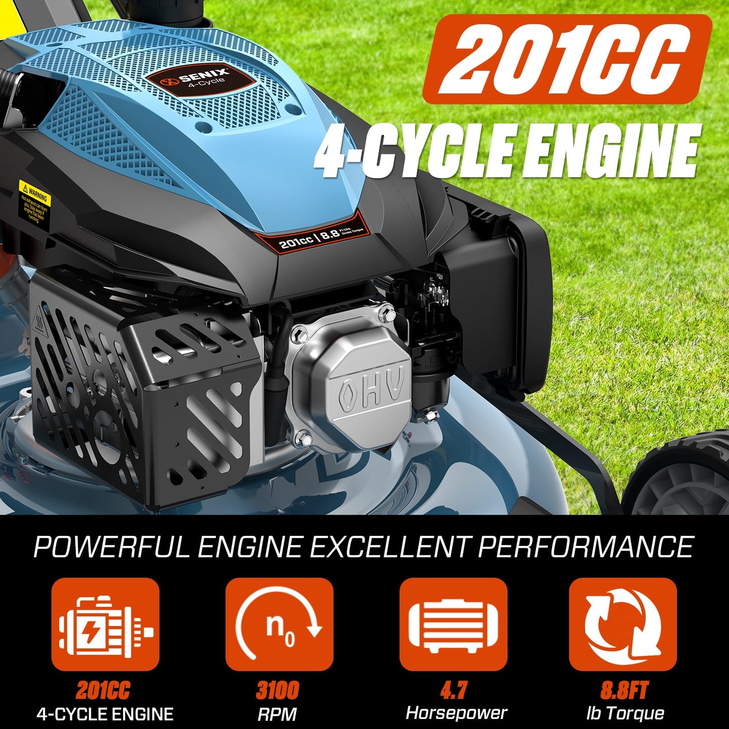 SENIX 201cc 22" 3-in-1 Gas Lawn Mower, Single Speed Rear Wheel Self-Propelled Mower, Mulching, Bagging, Discharging, 6 Cutting Height Adjustable, for Garden Yard