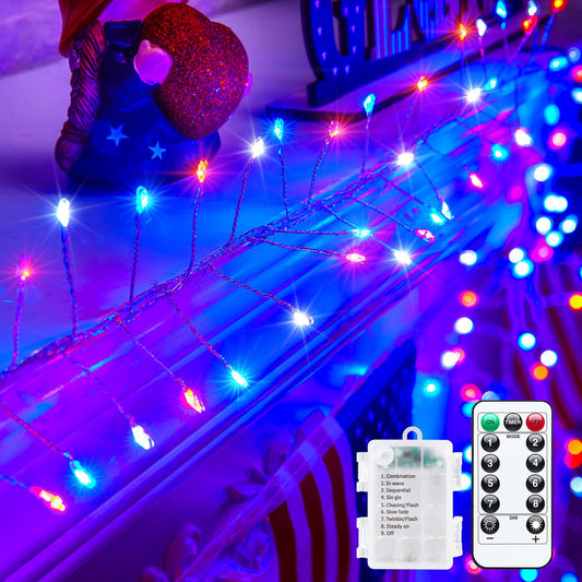Minetom Fairy Lights, 120 LEDs Battery Operated, 10 Feet with Remote, Red White Blue, Twinkle Lights for Independence Day Decor