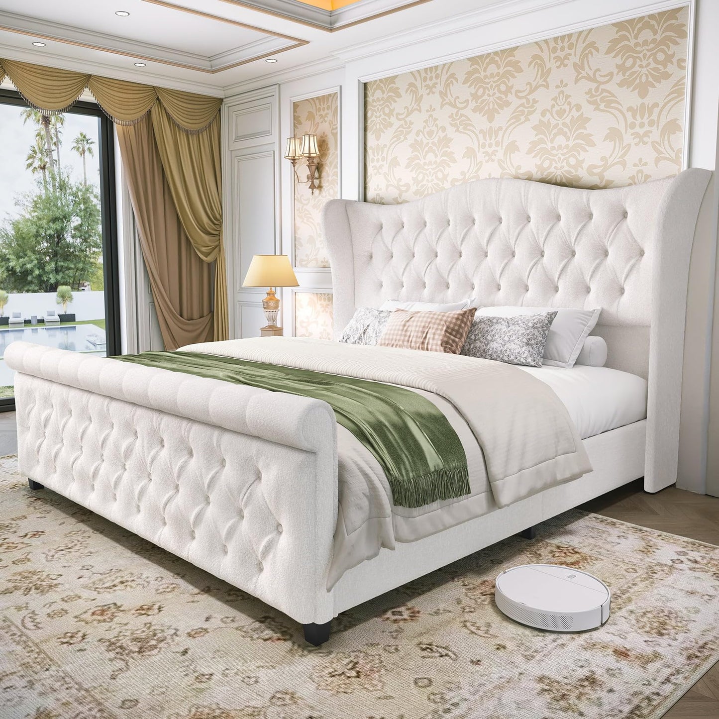 koorlian King Bed Frame,Chenille Upholstered Sleigh Bed with Scroll Wingback Headboard & Footboard,Luxury & Soft Button Tufted Modern King Bed,Easy Assembly,No Box Spring Needed