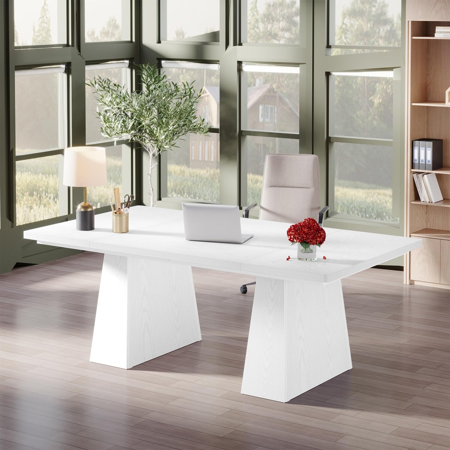 Tribesigns 63-Inch Executive Desk, Large Office Computer Desk with Double Pedestal, Modern Simple Workstations Writing Table Conference Table Business Furniture for Home Office, White