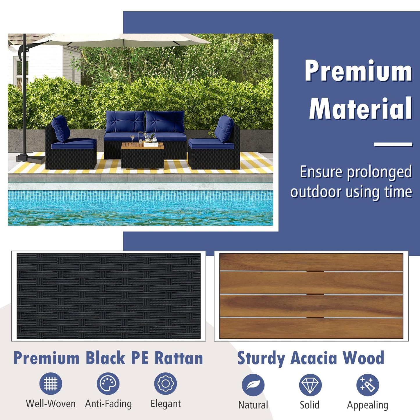 Tangkula 5 Pieces Wicker Patio Furniture Set, Outdoor 4 Armless Rattan Sofa & Coffee Table Set, with Cushions, Acacia Wood Tabletop, Sectional Patio Conversation Set for Lawn, Yard, Poolside, Navy