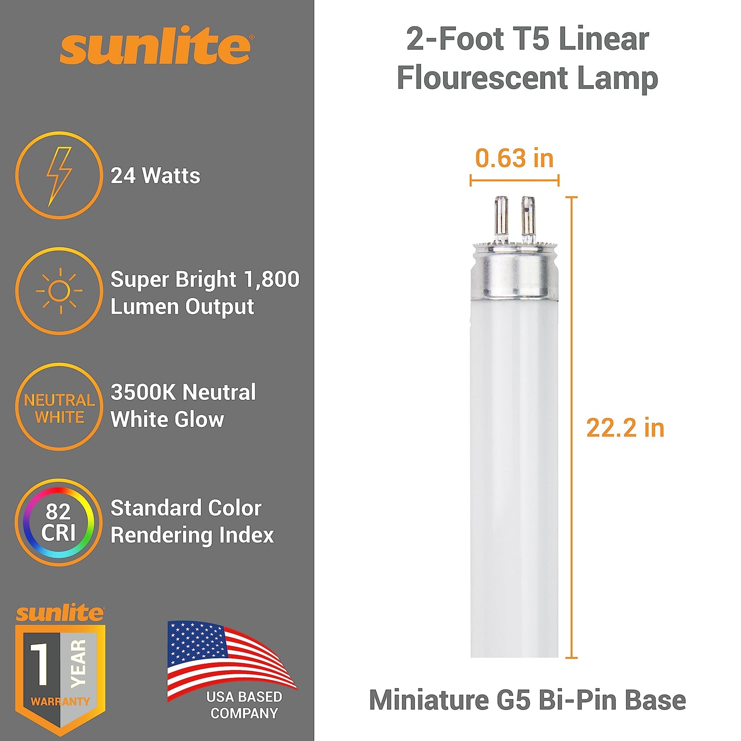 Sunlite F24T5/835/HO T5 Linear Fluorescent Lamp 24W 1800 Lumens 3500K Neutral White Miniature G5 Bi-Pin Base 40