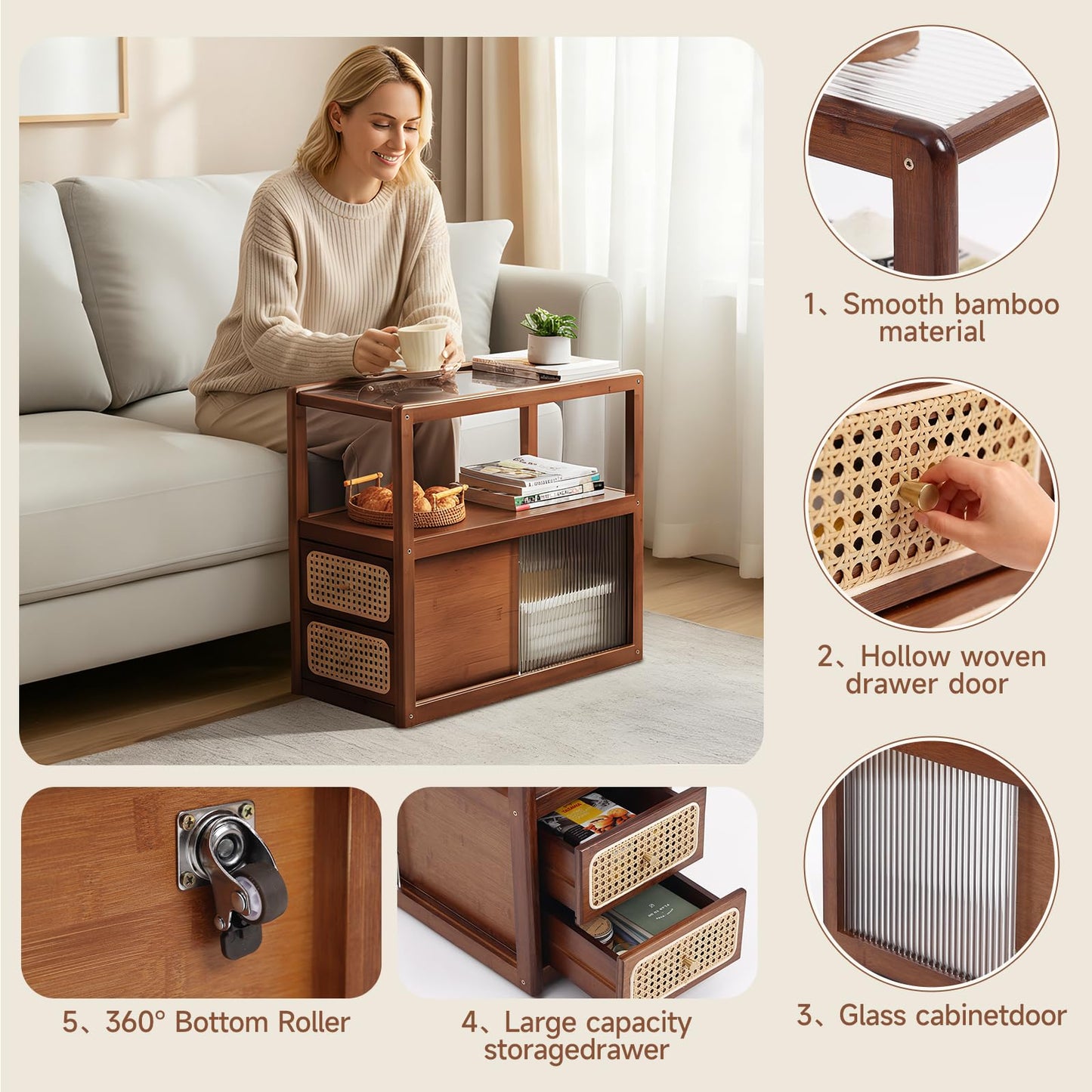Tiita Rattan Nightstand Side Table, Bamboo Accent Bedside Tables, Glass Coffee Tables, Boho Wooden End Table with Storage for Small Space, Living Room and Bedroom