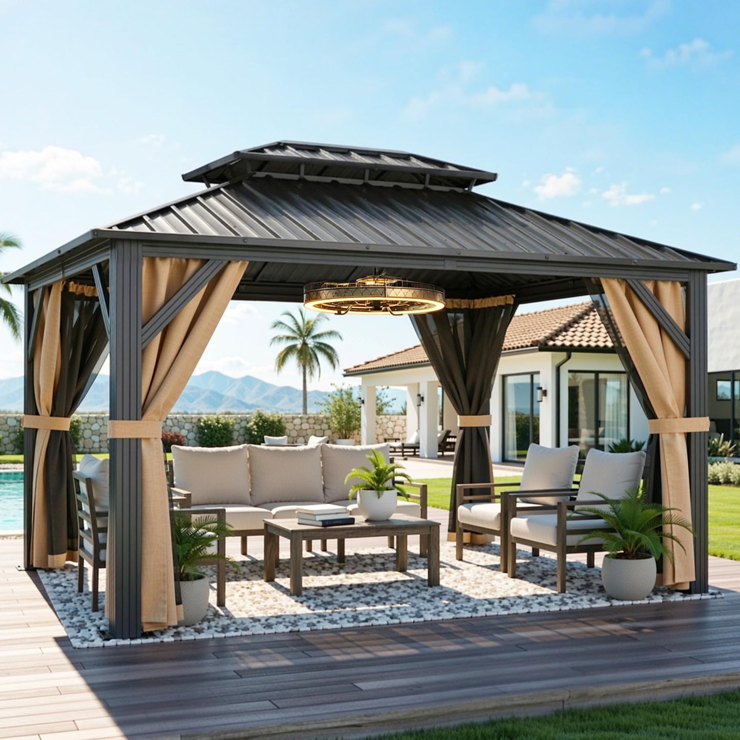 YITAHOME 9x11FT Hardtop Gazebo Double Roof Canopy w/Netting and Curtains, Outdoor Gazebo Permanent Galvanized Iron Steel Gazebo for Patio, Backyard, Deck and Lawns, Brown