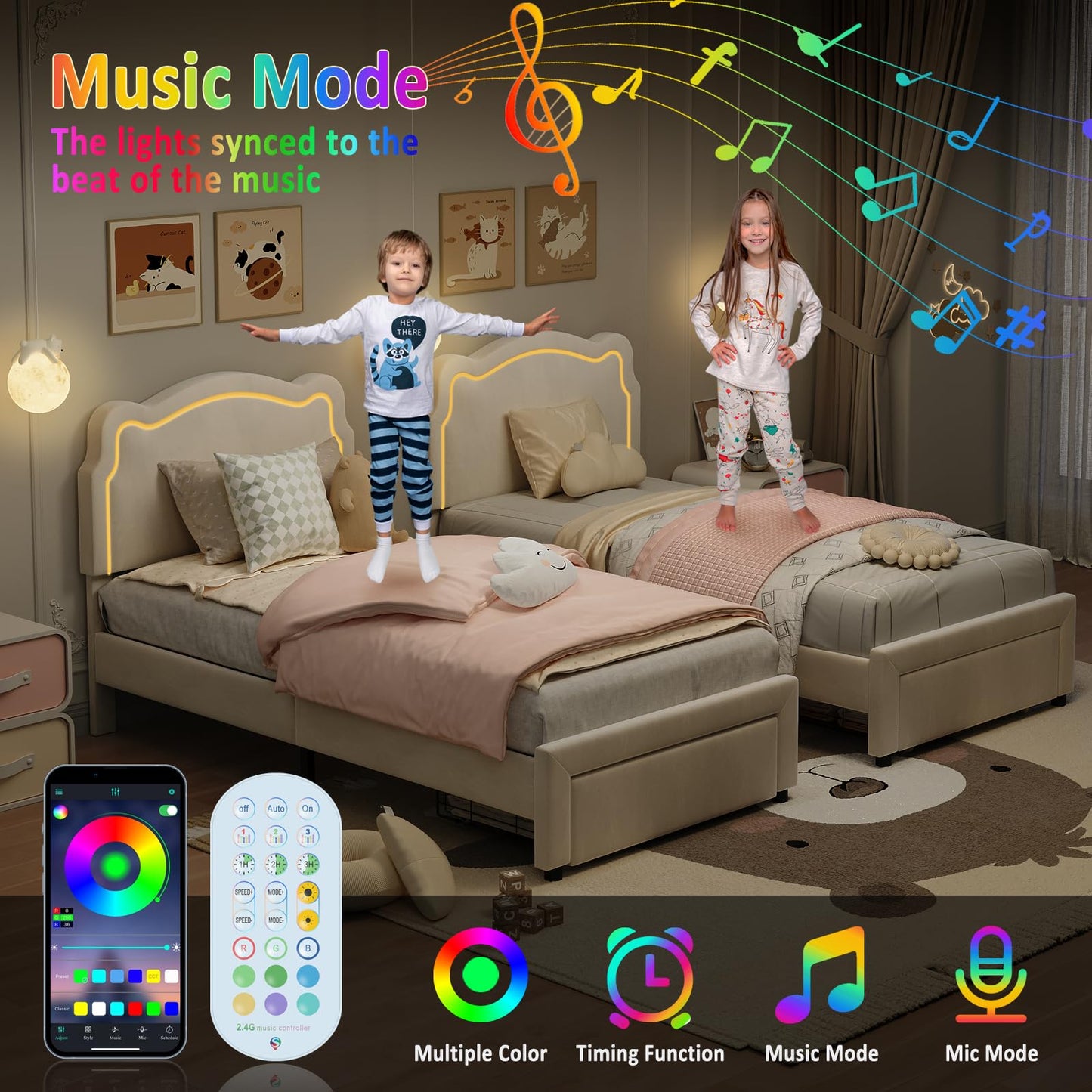 Garvee Twin Bed Frame with LED Upholstered Headboard and Storage Drawer, Kids Princess Velvet Platform Bed with Wooden Slats, No Box Spring Needed, Easy Assembly