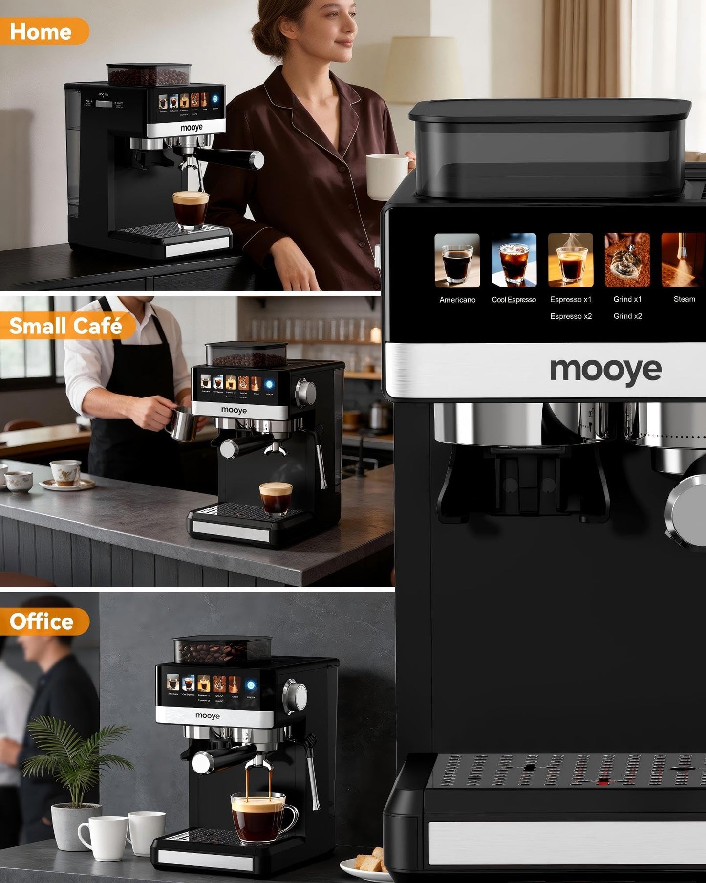 Mooye Espresso Machine with Grinder,20Bar Compact Espresso Maker with Steam Milk Frother,Coffee Maker for Home - Cappuccino Latte & Cold Brew Iced Coffee Maker & Americano, Gift for Women or Men