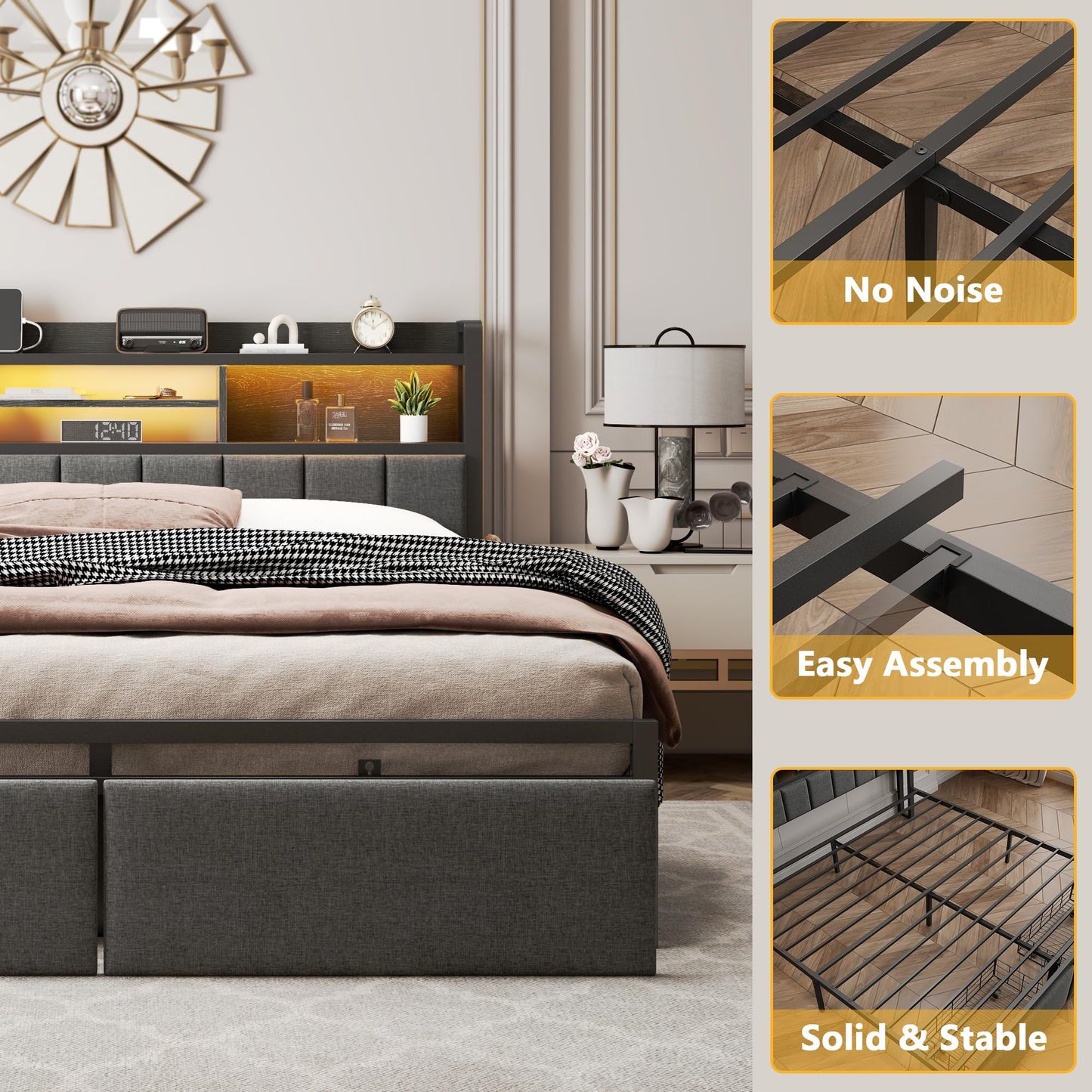 Furnulem Queen Bed Frame with Storage Drawers, Upholstered Headboard with LED Light & Charging Station, Metal Platform Bed Frame Queen Size, Noise Free, No Box Spring Needed, Black (1200 lbs Capacity)