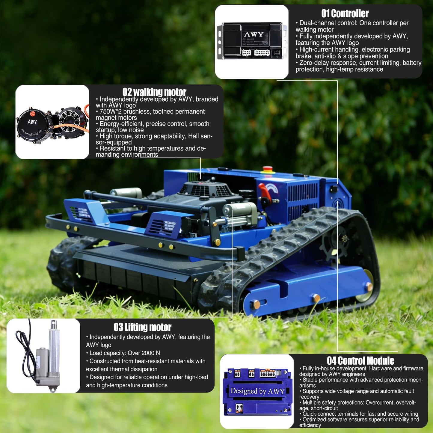 AIWEIYA-Remote Control Lawn Mower,Oil-Electric Hybrid Crawler Track Mower,1.1-5.9 Inch Cutting Height Professional Landscape and Estate Mower for 100% Slope(45°) Large Turf Grass Cutting