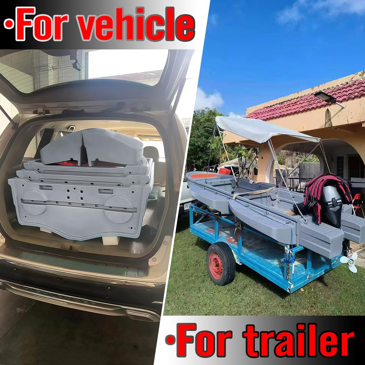 Fishing Boat, Folding Jon Boat with 3 Collapsible Modular Fishing Kayak and 2 Side&Tail Pontoons, Multipurpose Kayak Canoe, Up to 800lbs Buoyancy Suitable for 5-7 Person-Grey.