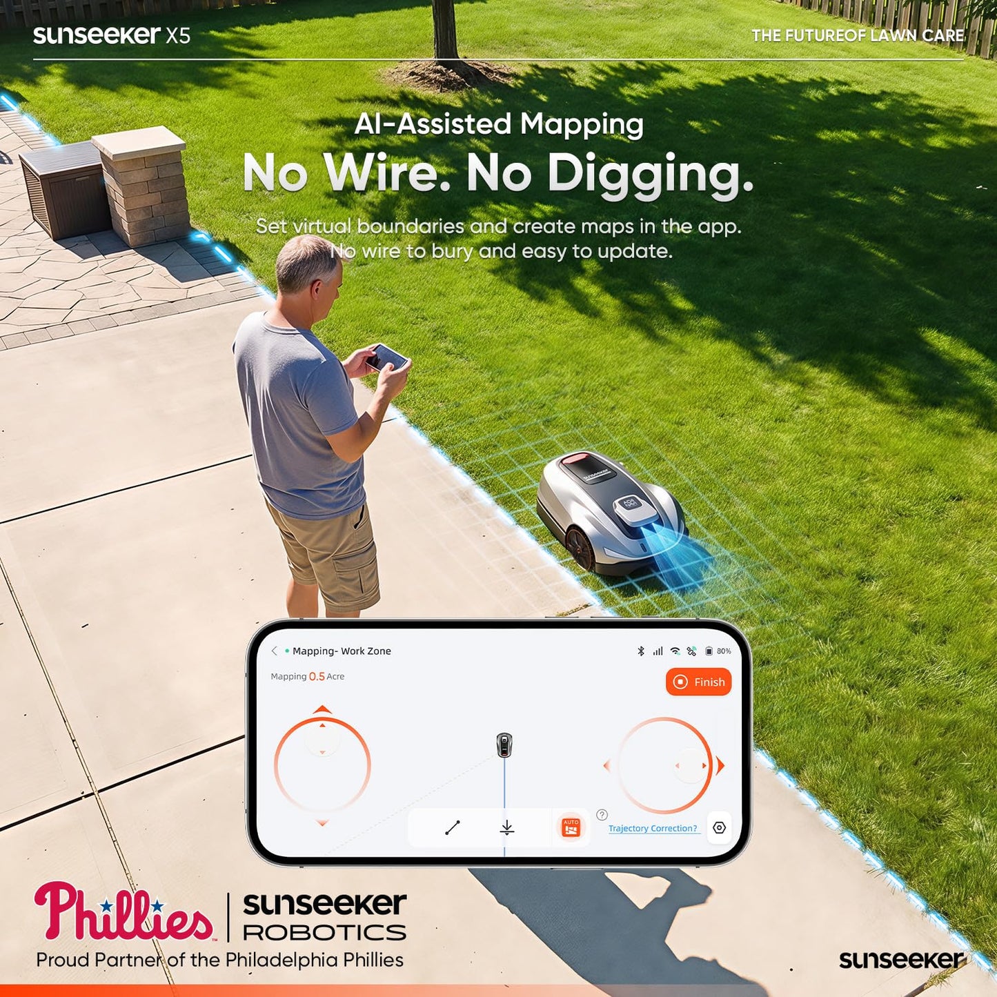 Sunseeker X5 AWD Robot Lawn Mower, 0.5 Acre / 21,780 Sq. Ft., Wireless No Boundary Wire Mower with RTK Vision Navigation, AI Obstacle Avoidance, App Control