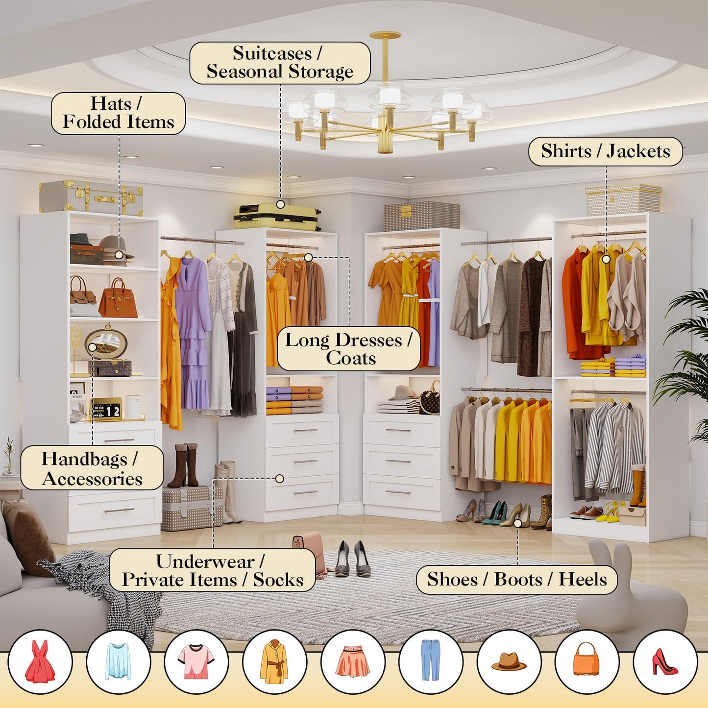 Closet System with 4 Sets, 8-21FT Closet Organizer System with 9 Drawers & 6 Shelves & 8Hanging Rods, Custom L-Shaped Walk in Closet Organizers and Storage System, Modular Closet Shelving System,White
