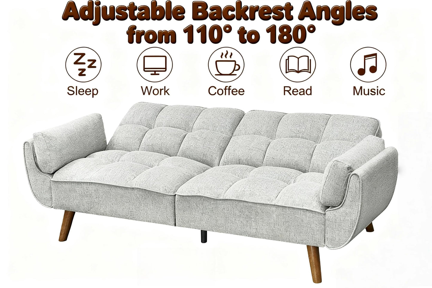Trygoal Convertible Futon Sofa Bed, Modern Futon Couch with 2 Pillows, Small Futons Couch with Adjustable Armrest & Backrest, Loveseat Sofa Bed for Living Room, Bedroom, Gray