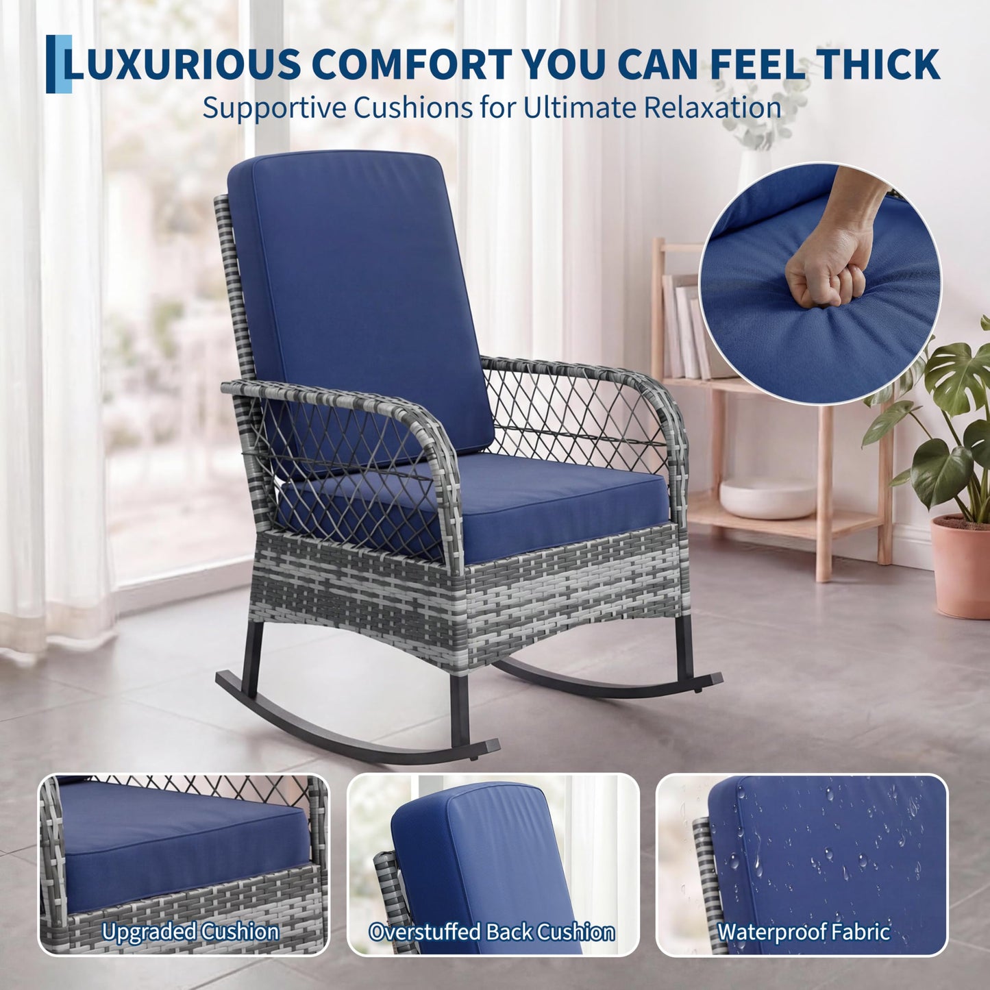 GarveeHome 3-Piece Outdoor Rocking Chair Set, Wicker Rattan Patio Furniture with Glass-Top Coffee Table, Modern Conversation Seating with Cushions for Porch, Backyard (Gary Rattan & Blue Cushion)