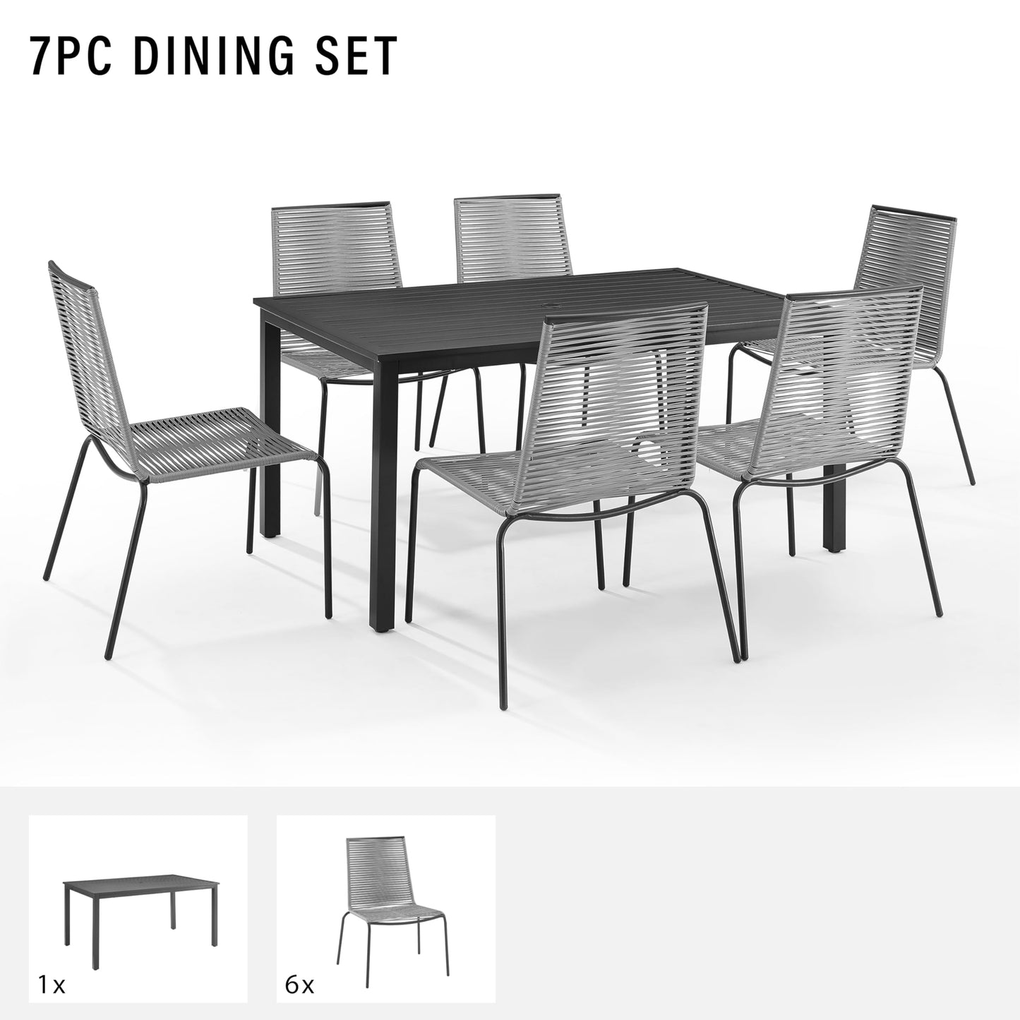 Crosley Furniture Fenton 7-Piece Wicker Outdoor Dining Set for 6, Patio Table and Chairs for Backyard, Deck, Matte Black with Gray Cushions