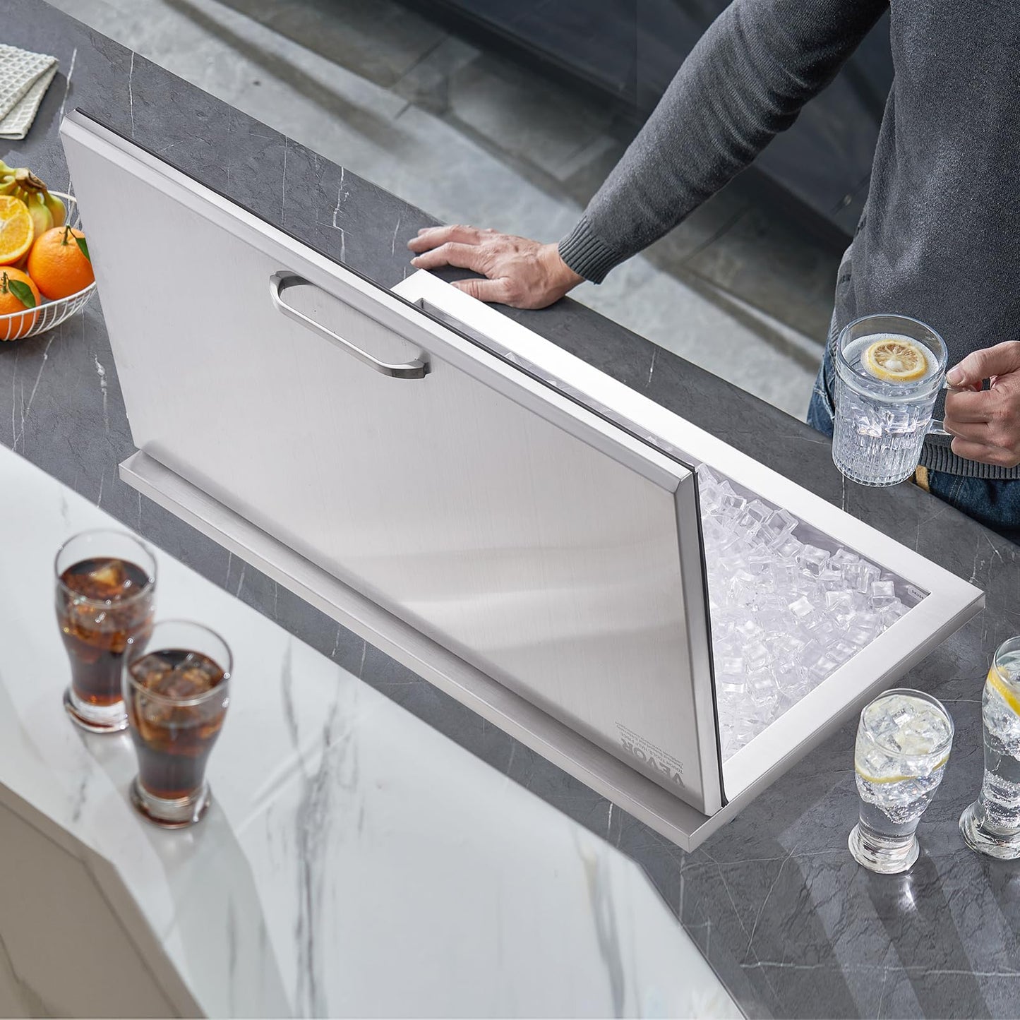VEVOR Drop in Ice Chest, 24" L x 20" W x 15" H Stainless Steel Ice Cooler, Commercial Ice Bin with Hinged Cover, 40 qt Outdoor Kitchen Ice Bar, Drain-Pipe and Drain Plug Included, for Cold Wine Beer