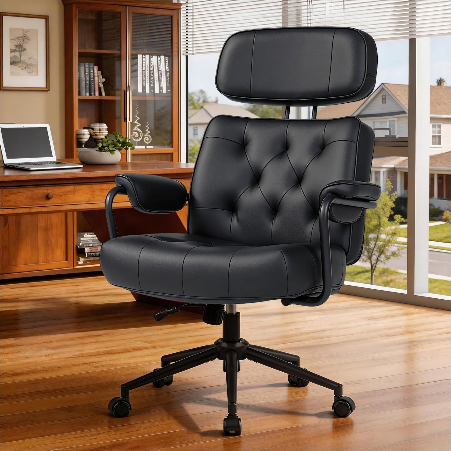 Mid Century Modern Home Office Desk Chair, Ergonomic Office Chair Big and Tall, High Back Executive Office Chair Leather Extra Wide, Computer Chair Comfy, Adjustable Height Rolling Chair, Black