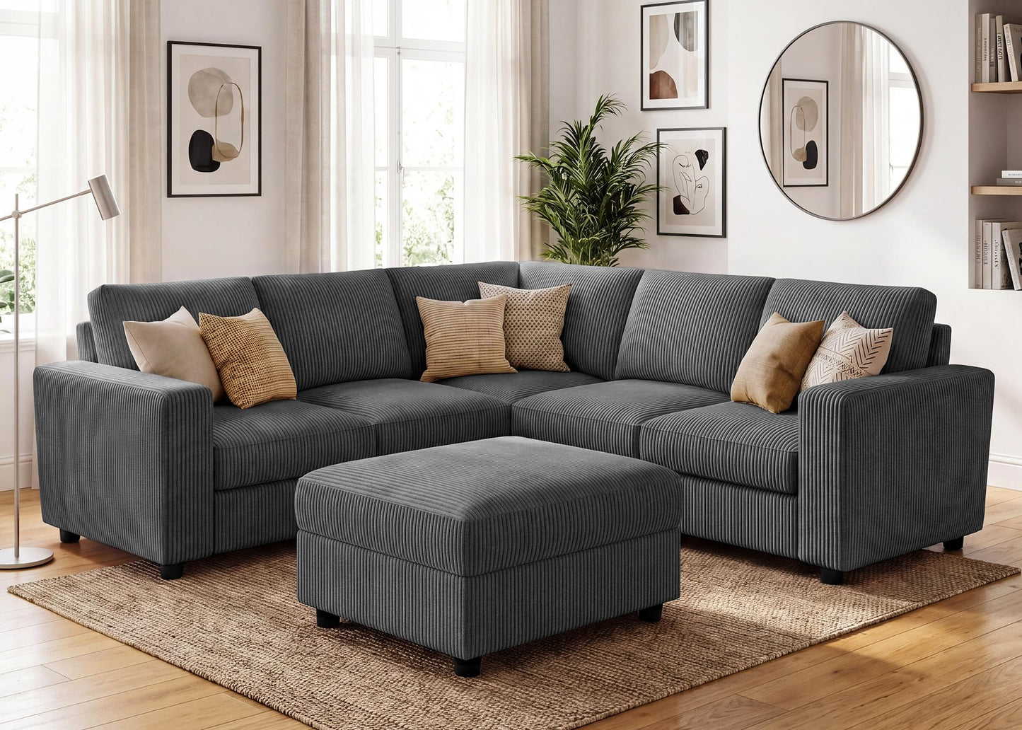 HONBAY Sectional Sofa, 6 Seater L-Shaped Sectional Couch with Storage Ottoman for Living Room, Dark Grey