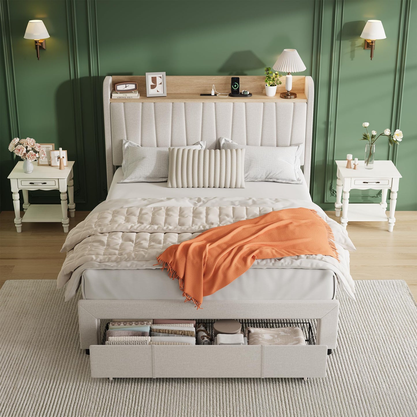 Garvee Upholstered Bed Frame Queen Size with Storage Headboard and Charging Station, Platform Bed Frame with Drawers, Heavy Duty, No Box Spring Needed, Easy Assembly, Beige