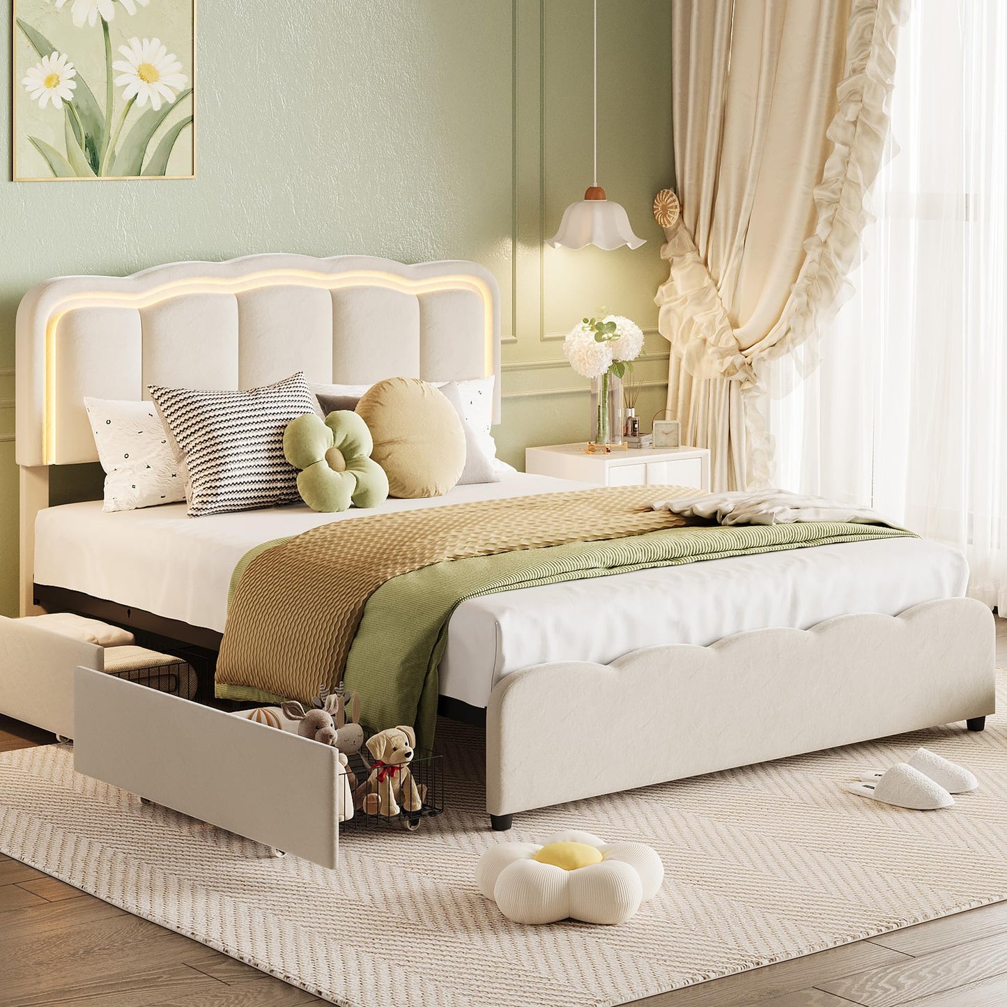 Garvee Queen Size Bed Frame with 2 Storage Drawers and LED Lights, Upholstered Platform Queen Bed with Adjustable Headboard, Wooden Slats Support, No Box Spring Needed, Easy Assembly, White