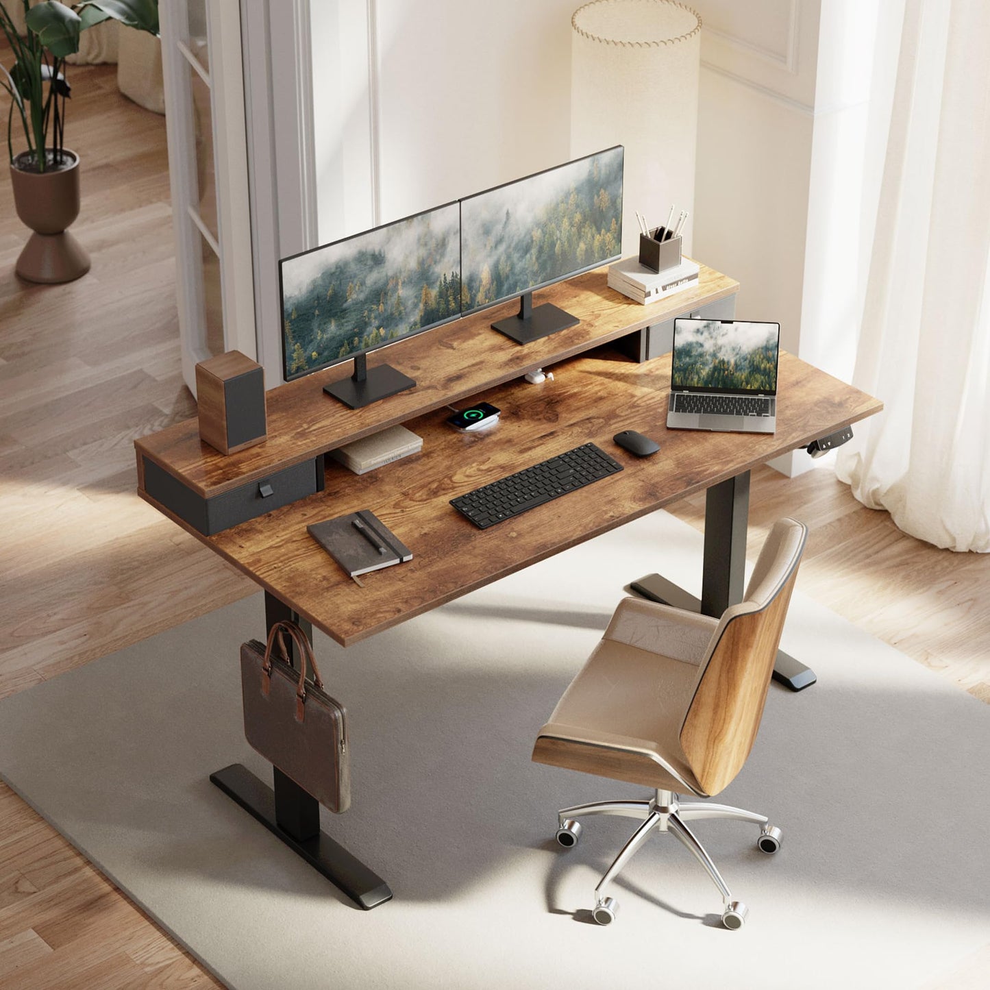 Klicelor 63 x24 Inch Electric Standing Desk with Drawers, Adjustable Height Small Sit Stand Desk for Home Office, Compact Computer Workstation with Storage– Rustic Brown