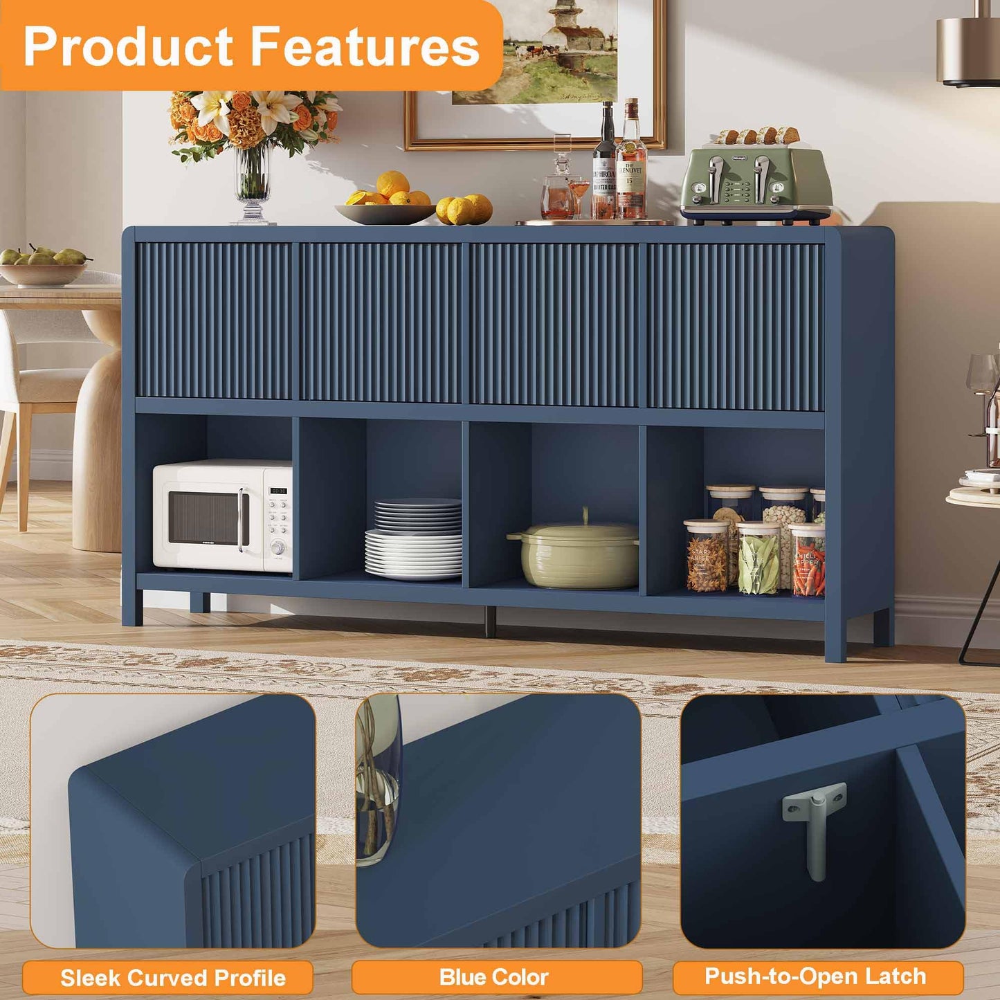 FATORRI 8 Cube Bookcase with 4 Doors, Wooden Bookshelf with Storage Cabinet, Low Horizontal Storage Book Shelf for Home Office, Living Room, Dining (57 Inch Blue)