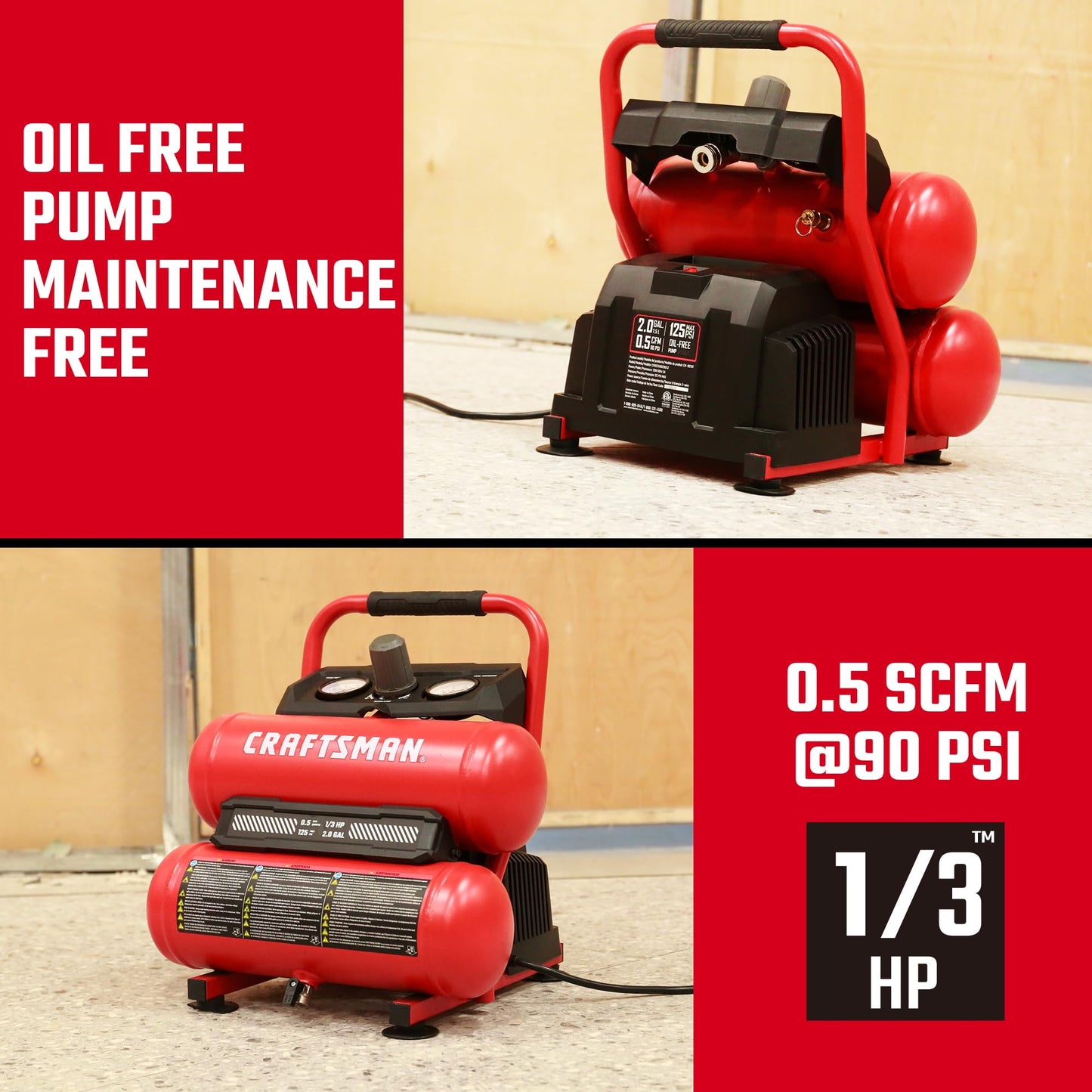 Craftsman 2-Gallon Air Compressor, 1/3 HP Oil-Free Twin Tank, 125 PSI Max – Portable & Quiet for Home DIY, Tire Inflation, Nailing & Spray Painting (Twin Stack)