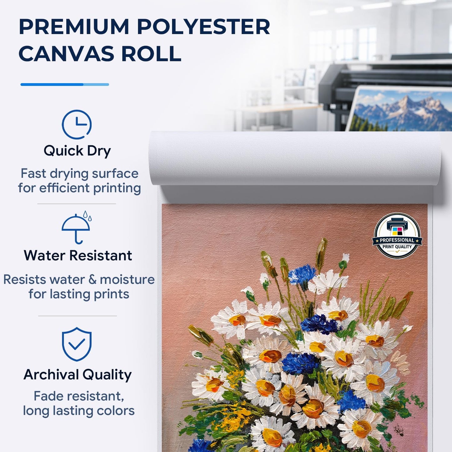 Premium Canvas Roll for Wide Format Printers, Quick Dry Water Resistant for Fine Art Reproduction, Commercial Printing, Studio Photography and Gallery Wrap, Matte Polyester 290 GSM 15 Mils 2" Core