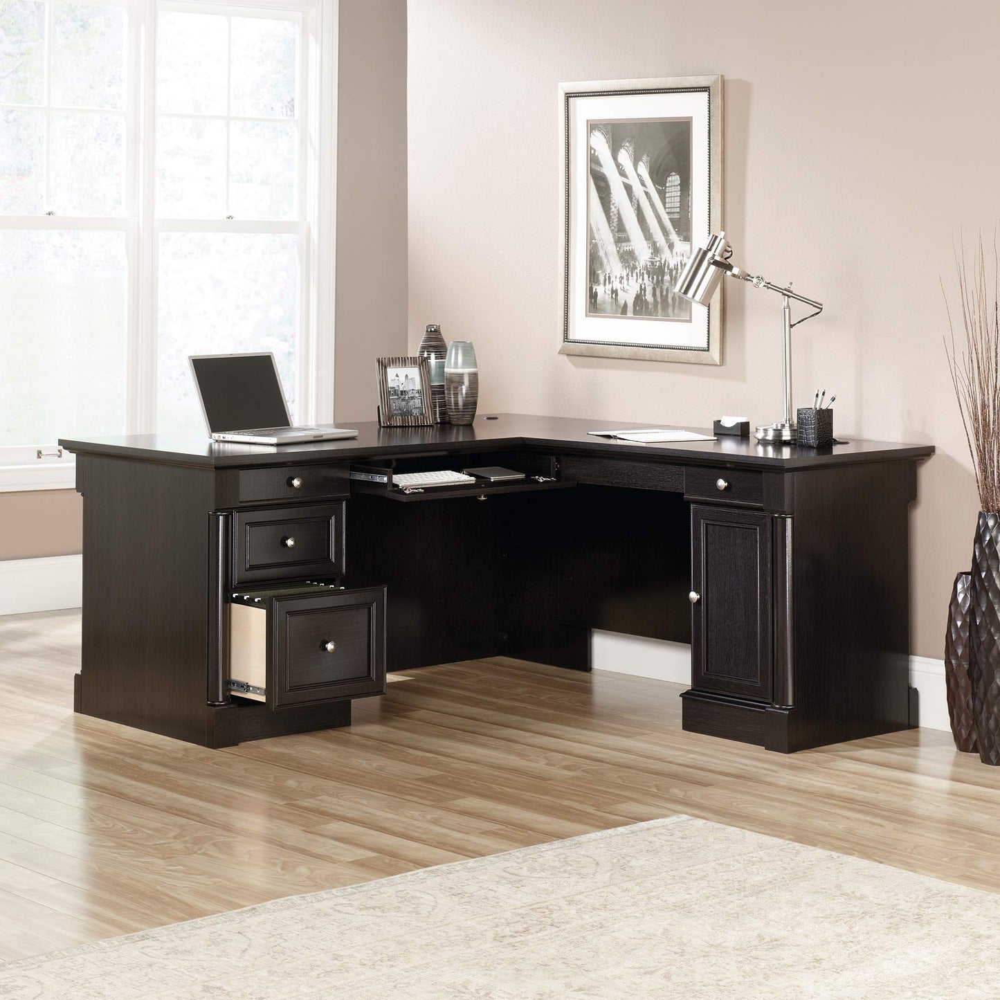 Sauder Palladia L Shaped Desk with Drawers, Office Desk with File Cabinet Storage, Cable Management, Keyboard Tray, in Wind Oak Finish