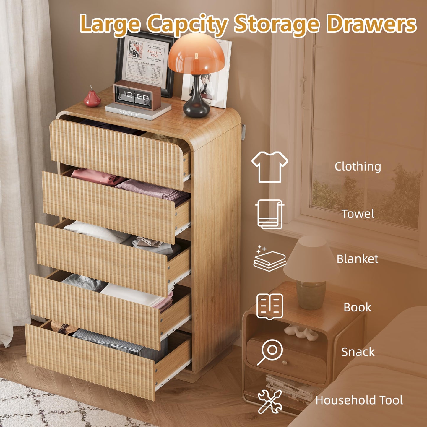 Wodeer Natural Oak Dresser Fluted Tall 5 Drawer Dresser for Bedroom, Wood Chest of Drawers with Hidden Handles & Rounded Corners, Modern Storage Cabinet and Organizer Drawers for Living Room, Hallway