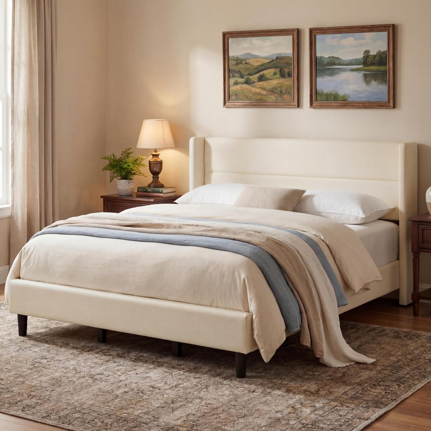 IDEALHOUSE King Size Bed Frame with Tufted Wingback Headboard, Velvet Upholstered Platform Bed with Strong Wood Slats, No Box Spring Needed, Easy Assembly, Beige