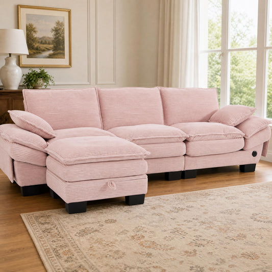 102" Oversized Cloud Modular Sectional Sofa with Movable Ottoman, Free Combination Convertible L Shaped Corner Couch Sets,Comfy Corduroy Upholstered Pink Sofa & Couch for Living Room
