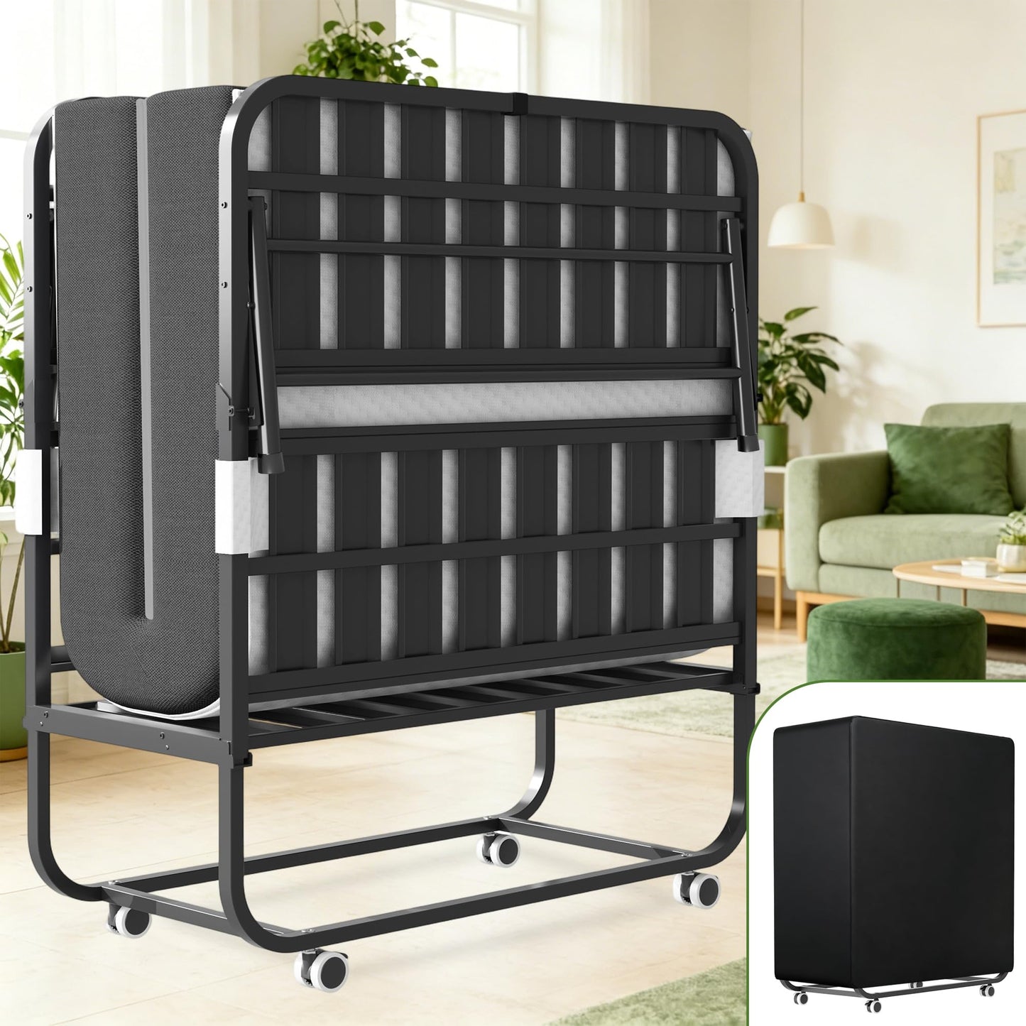 FLIXELIO Folding Bed with Mattress for Adults, 75" x 46" Rollaway Guest Bed with 5" Memory Foam and Adjustable Headboard, Heavy-Duty Steel Bed Frame Supports 500LBS, Foldable Bed with Lockable Wheels
