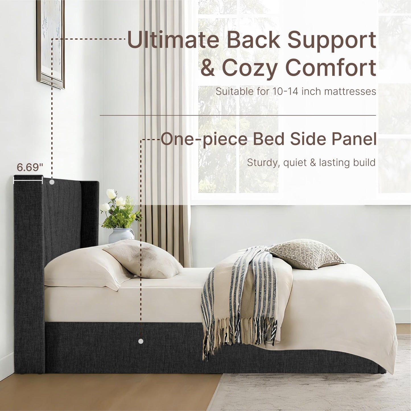 KISLOT Queen Size Lift Up Storage Bed Frame, Modern Hydraulic Support Platform Bed Wingback Velvet Headboard Sturdy Wooden Slat Support No Box Spring Needed