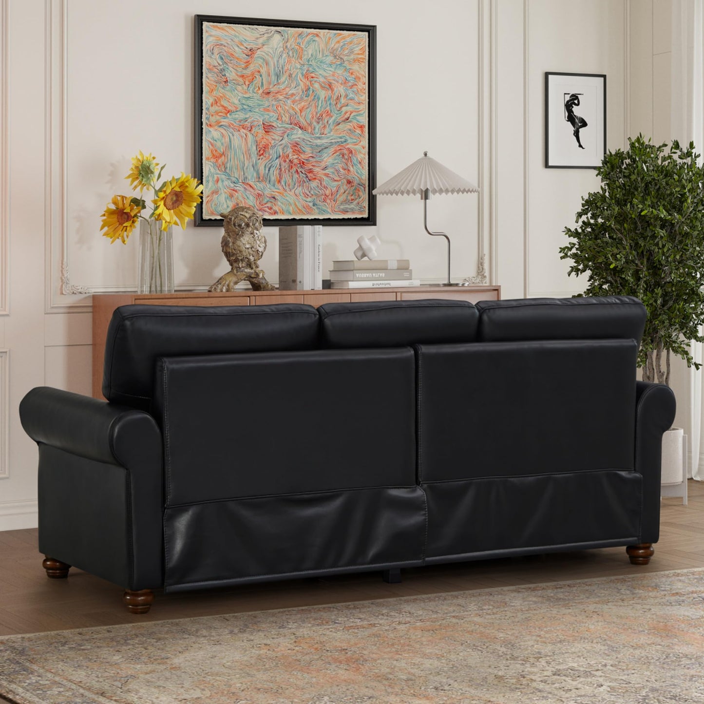 KEIKI Retro 82.68" Chesterfield Sofa, Upholstered Faux Leather PU Couch with Storage Space, Rolled Arm, Nailhead for Living Room Bedroom Office Apartment, Black