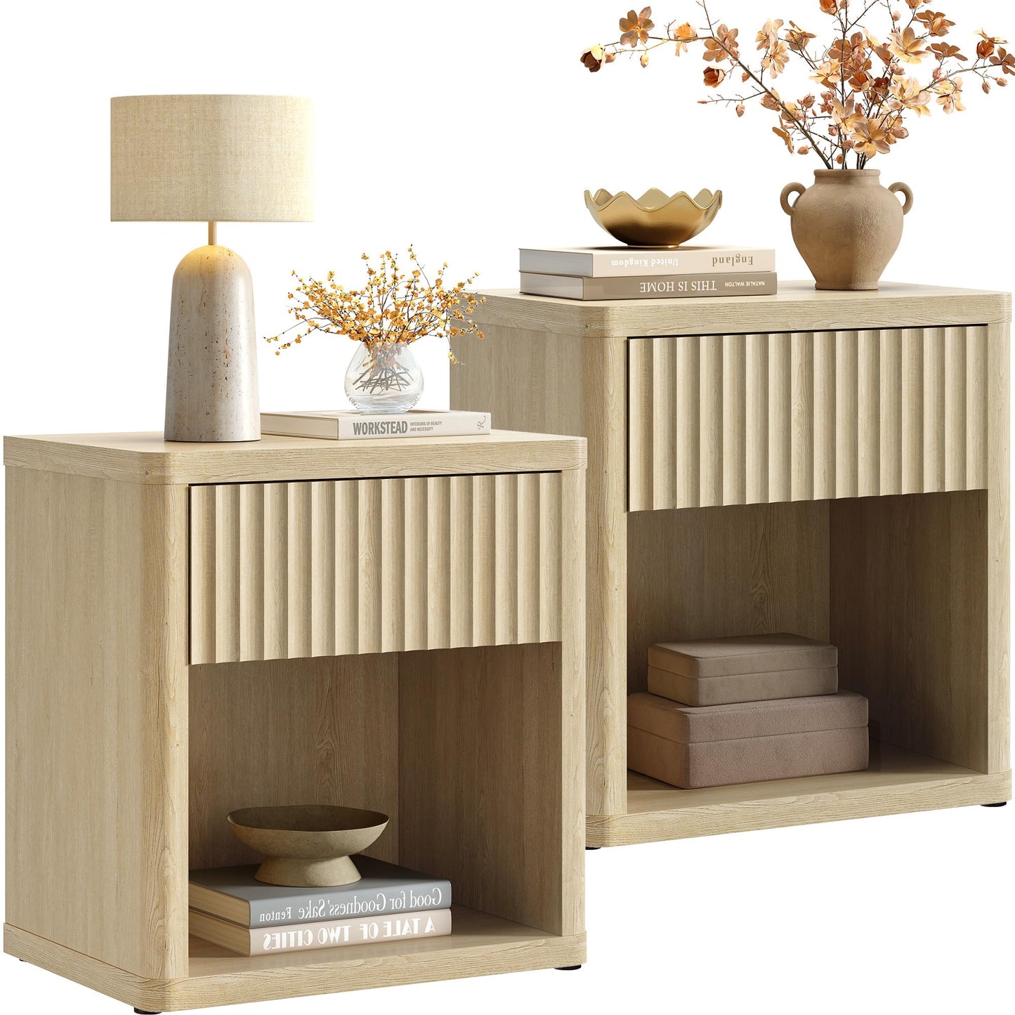 SICOTAS Night Stand Set 2 with Large Drawer 24" Tall Fluted Modern Nightstands Wide Bedside Table for Bedroom Sofa Office, Nightstand with Spacious Storage Minimalist Design, Easy Assembly