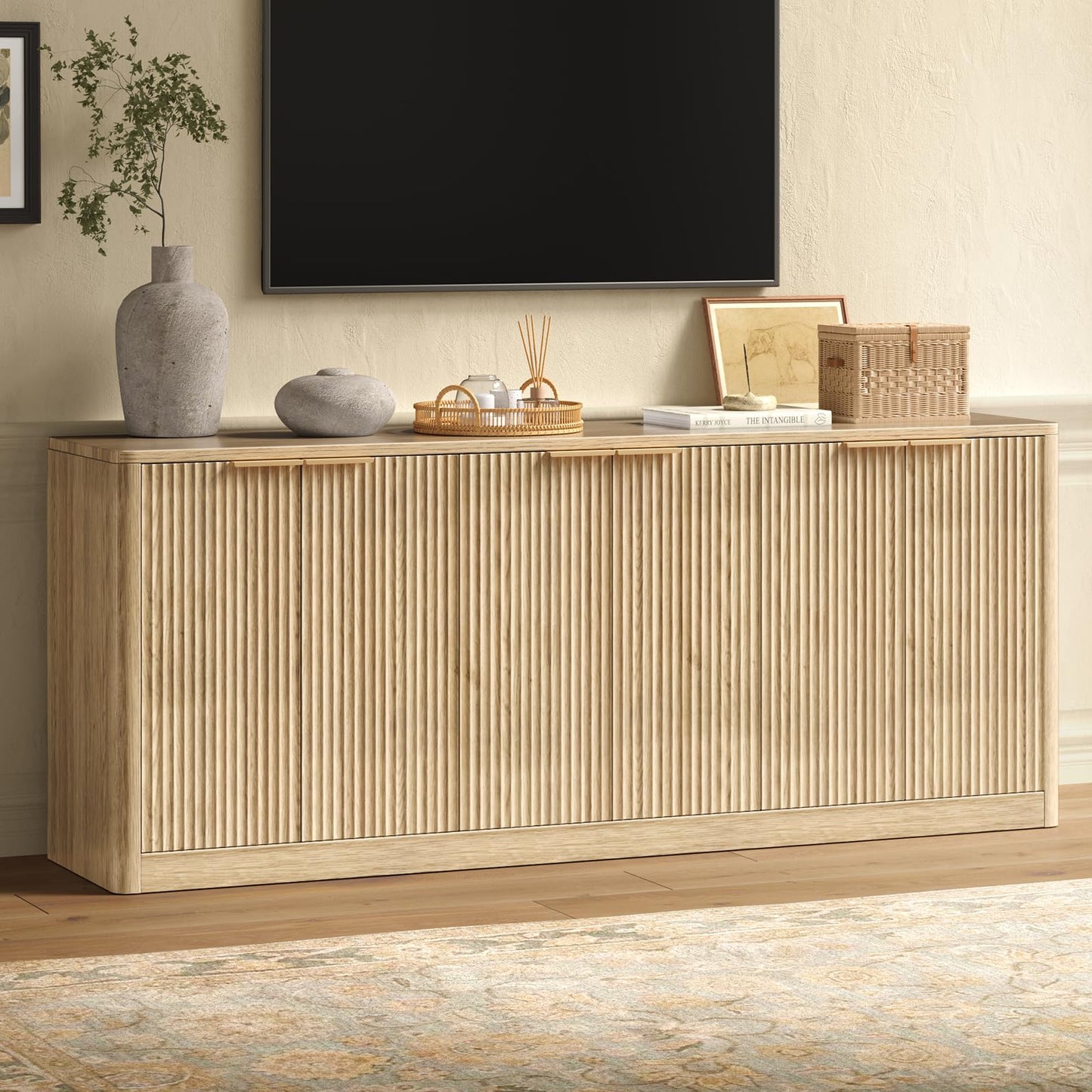 Evermagin 67" Oak Fluted TV Stand for TVs up tp 75", Mid-Century Modern Entertainment Center with Storage Cabinets and Fluted Doors, Wood Media TV Consoles for Living Room