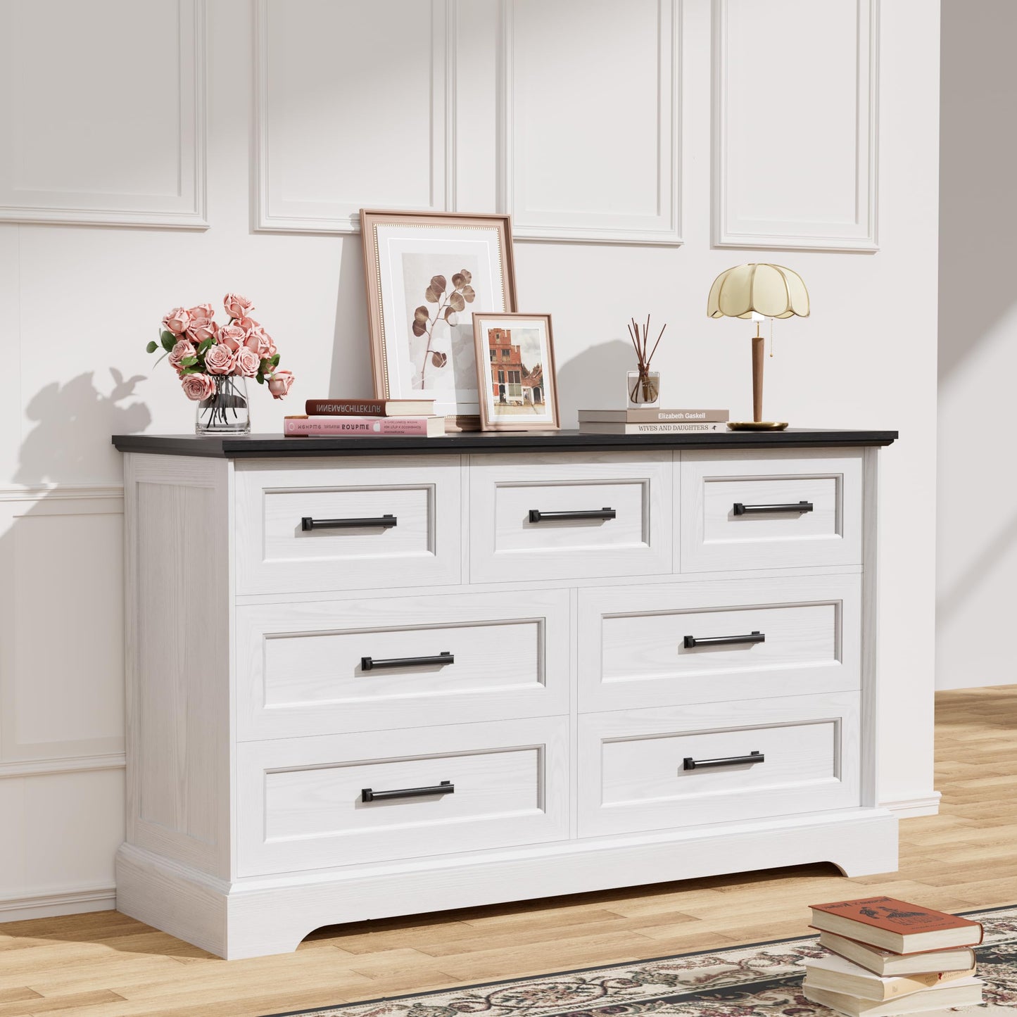 YESHOMY Dresser for Bedroom, Farmhouse 7 Drawers Dresser, Chest of Drawer Chest, Multi-Tier Clothing Storage Cabinet, White and Black